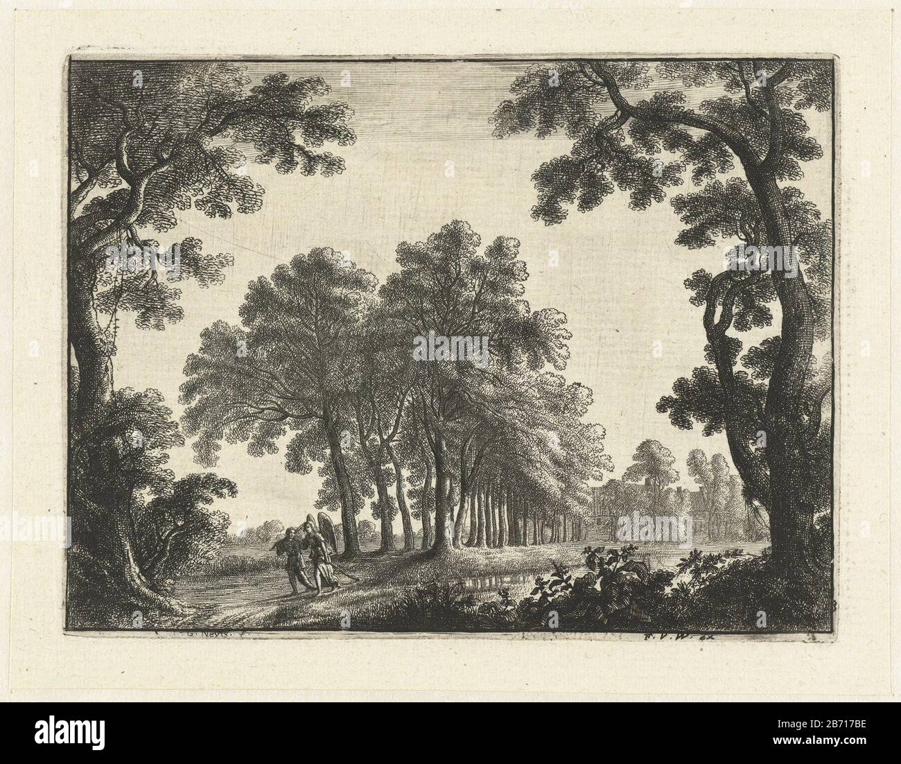 Landschap traf Tobias en de engel eine waldreiche Landschaft, In Der ein Junge (Tobias) und ein Engel auflachen. Hersteller : Druckmaschine: Gilles Neyts (denkmalgeschütztes Gebäude) Herausgeber: Frans van den Wijngaerde (Objektliste) Herstellung: Antwerpen Datum: 1643 - 1679 Physikalische Merkmale: Ätzmaterial: Papiertechnik: Ätzmaße: Plattenkante: H 129 mm × W 171 mm Betreff: Landschaften in der gemäßigten Zone Tobias und der Engel Raphael unterwegs, Begleitet von Tobias Hund Stockfoto