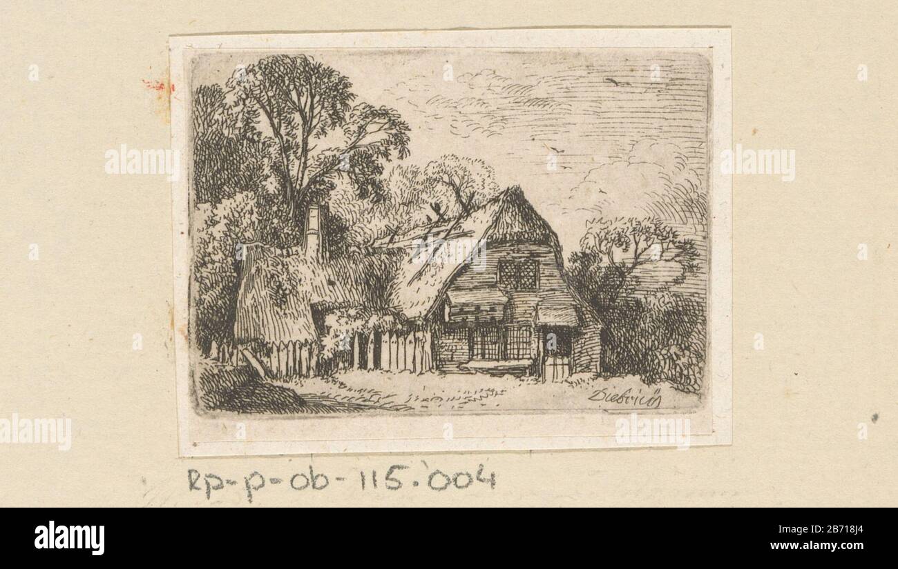 Landschap met boerderij Landschap met boerderij Objektart : Prent Objectnummer: RP-P-ob-115.004Catalogusreferentie: Linck 125-1(4) Inscriptions / Merken: Sammlermarke, Verso van opzetvel, gestempelt: Lugt 240 Hersteller: Prentner: Christian Ernst Dietrich Zopatreld: Abmessungen: 1722 Zoplatter: Splate: Splasterer (1722) H 50 mm × b 71 mm Betreff: Stadtauswärts en landschappen met bouwsels van mensenfarm oder einsames Haus in Landschaft Stockfoto