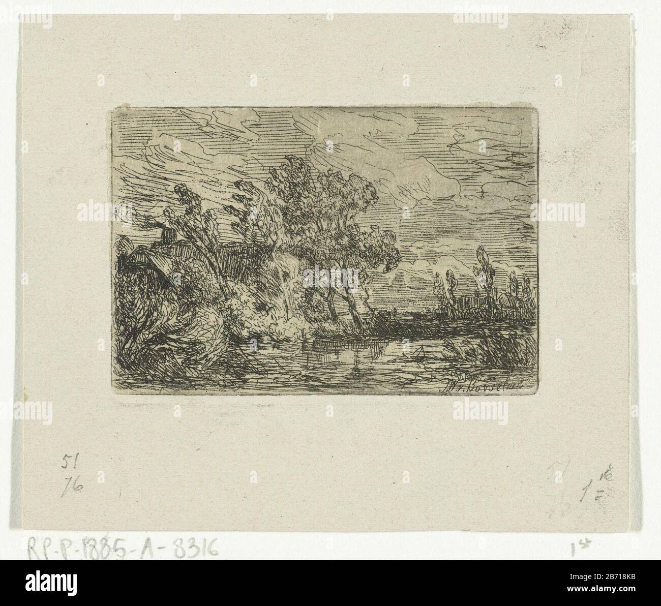 Landschap traf boerderij Polder Landschaft mit Bauernhof auf dem Wasser. Hersteller: Druckmaschine: Jan Willem van Borselen (denkmalgeschütztes Gebäude) Vom: Von der Zeit von: Von der Zeit bis zur Zeit: Von den physischen Merkmalen: Ätzmaterial: Papiertechnik: Ätzmaße: Plattenkante: H 51 mm × W 76 mm Betreff: Flussuferfarm (Gebäude) Stockfoto