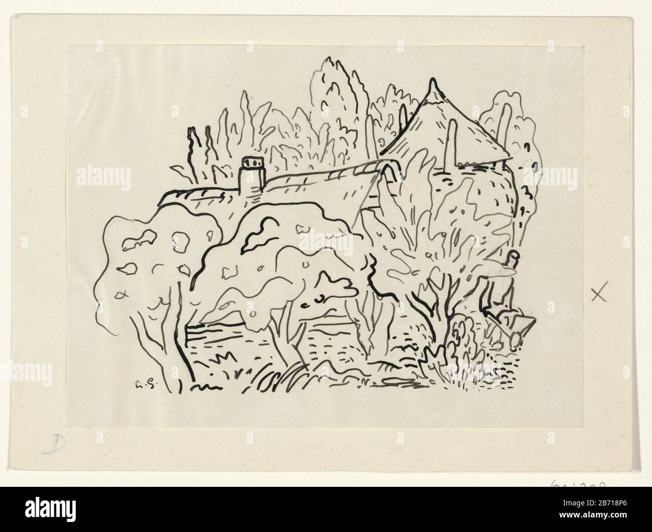 Landschap traf boerderij Draft Prent. Hersteller : Künstler Leo Gestel Datum: 1891-1941 Physikalische Merkmale: Stift in schwarzem Bleistift-Material: Papiertinte Bleistift-Technologie: Stiftabmessungen: H 133 mm × W 181 mm Betreff: Einzelhof oder Haus in der Landschaft Stockfoto