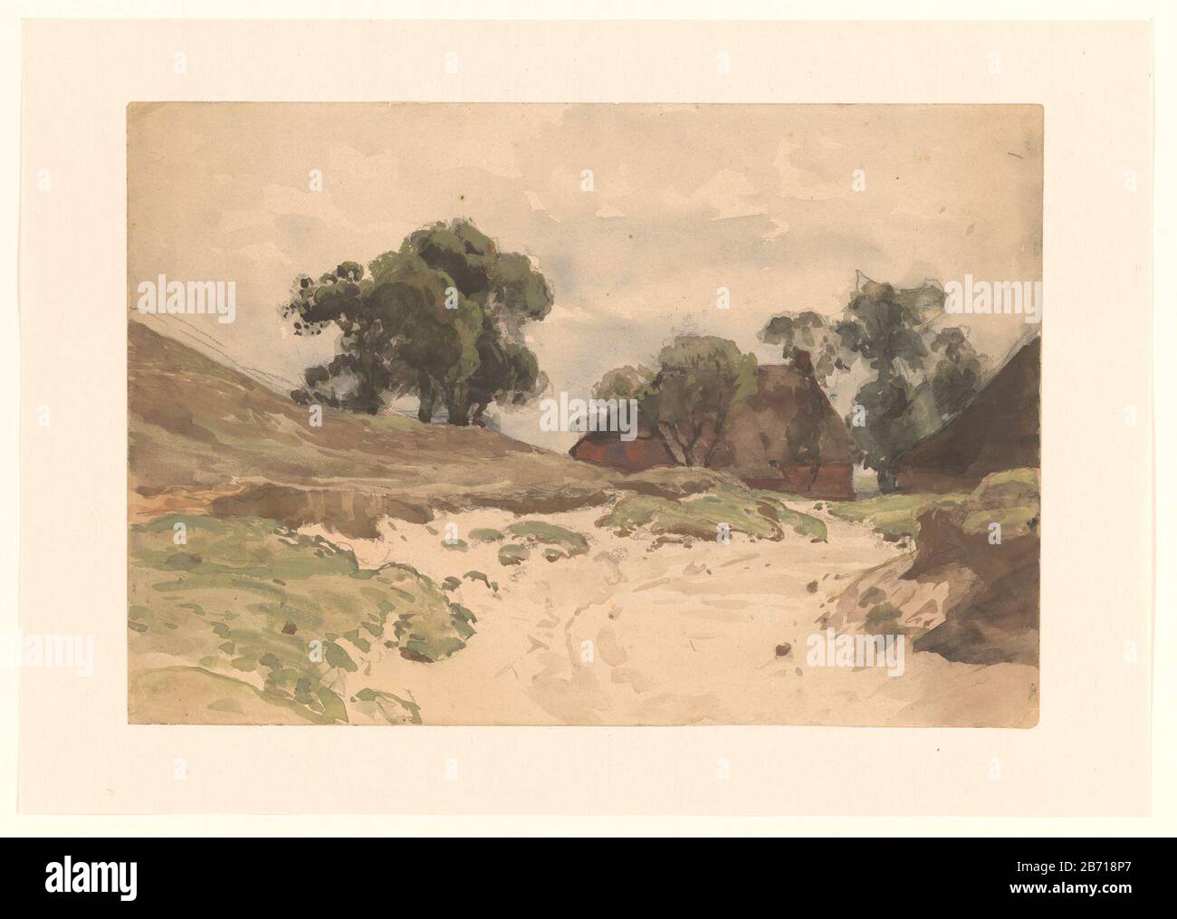 Landschap met boerderij Landschaft mit Bauernhof-Objektart: Zeichnung Aquarell Artikelnummer: RP-T 1952-282 Hersteller : Künstler Julius Jacobus van de Sande Bakhuyzen Datum: 26-1925 Physikalische Merkmale: Schwarze Kreide, Pinsel und Farben in Aquarellmaterialien: Papierkreide Aquarelltechnik : Pinselmaße: H 270 mm × W 396 mm Betreff: Einzelhof oder Haus in der Landschaft Stockfoto