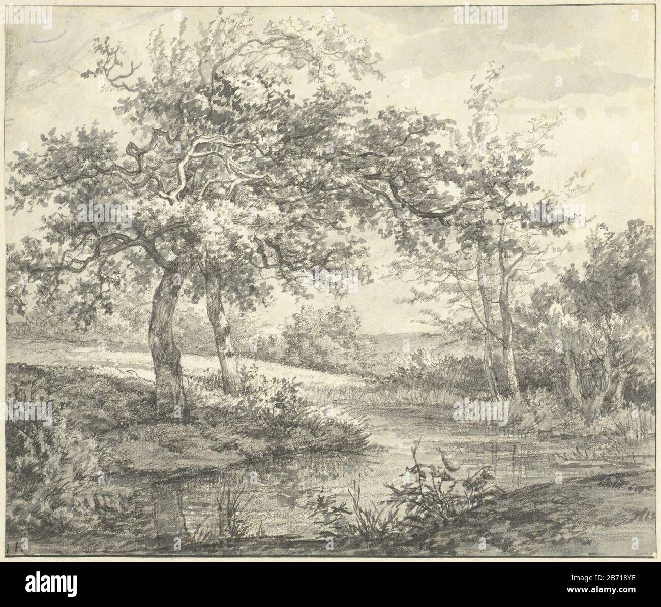 Landschap traf Bumen aan Wasserlandschaft mit Bäumen auf Wasserobjekttyp: Zeichnung Objektnummer: RP-T-1888-A-1498 Hersteller: Künstler: Jan Hullswit dating: 1776 - 1822 Physische Merkmale: Bürste in grauem, schwarzem Kreidematerial: Papierkreidetechnik: Bürstenmaße: H 206 mm × W 242 mm Stockfoto