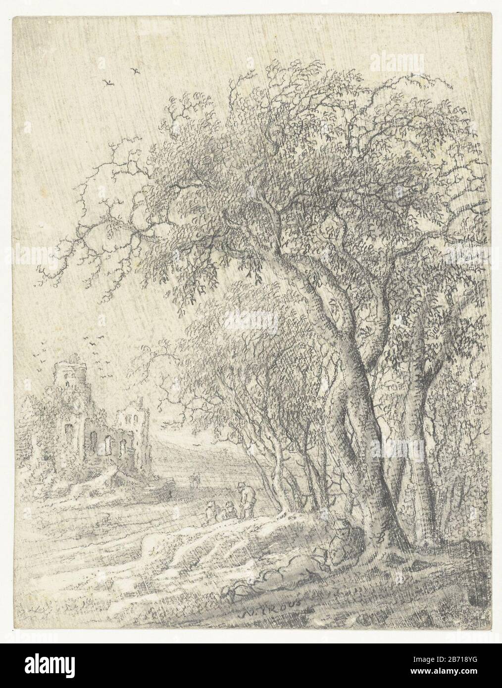 Landschaft mit Bäumen und einem Ruinenobjekttyp: Zeichnungsobjektnummer: RP-T 1980-2 Hersteller: Künstler: Anthony Jansz. Van der Crooswijk Datum: CA. 1.650 - ca. 1655 Physikalische Eigenschaften: Graphit, mit Bürste und grauer Tinte und weißer Körperfarbe, bis hellgrau zubereitetes Pappe Material: Pappe Graphit Farbe Ink Technik: Bürstenabmessungen: H 191 mm × W 150 mm Stockfoto