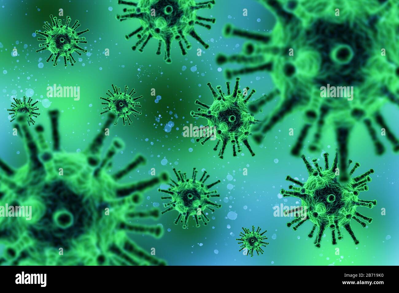 Corona-Virus-Attack-Konzept, viele Virus-Attacken auf grünem Hintergrund Stockfoto