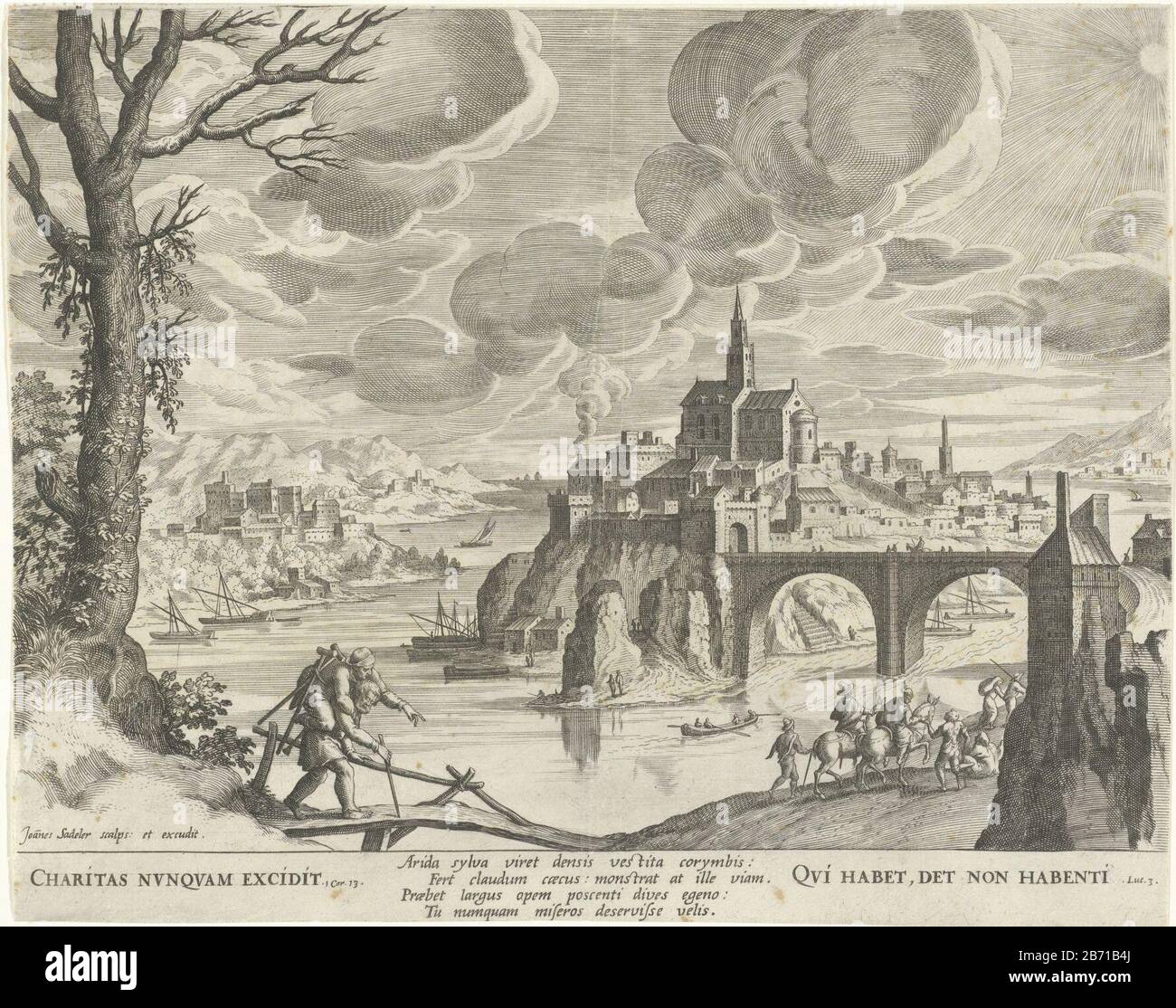 Landschap traf de lamme die de blinde leidt Charitas nvnqvam exidit (titel op object) Qvi habet, det non habenti (titel op object) der lame Mann sitzt auf dem Rücken des Blinden, der über eine Brücke entlang eines breiten Flusses spaziert. Er führt seinen Weg. Im Hintergrund eine Stadt mit riesiger Kirche und einer Umarmung. Hersteller : Druckerei-Hersteller Johann Sadeler (I) (denkmalgeschütztes Gebäude) in seiner Gestaltung: Johann Sadeler (I) (Mode) Herausgeber: Johann Sadeler (I) (auf dem Objekt aufgeführt) Ort Herstellung: Unbekanntes Datum: 1560 - 1600 Physikalische Merkmale: Fahrzeugmaterial: Papiertechnik: Engra (Druckverfahren) Abmessungen: Blatt: H Stockfoto