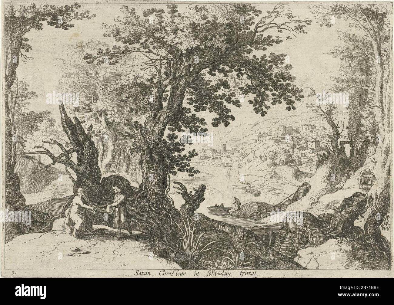 Landschap traf den Verzoeking van Christus Satan Christum in solitudin tentat (titel op object) Italiaanse landschappen traf Bijbelse voorstellingen (serietitel) in einer italienischen Landschaft einen Baum, den Christus vom Teufel versuchte, einen Stein zu Brot zu machen. Im Hintergrund ein Fluss mit zwei Menschen in einem Ruderboot und jemandem am Ufer. Im rechten Hintergrund ein Stad. Hersteller : Druckerhersteller Willem van Nieulandt (II) Ort Herstellung: Antwerpen Datum: 1606 - 1628 Physikalische Merkmale: Ätzmaterial: Papiertechnik: Ätzmaße: Plattenkante: H 231 mm × W 323 mm Thema "Befehlsthese t Stockfoto