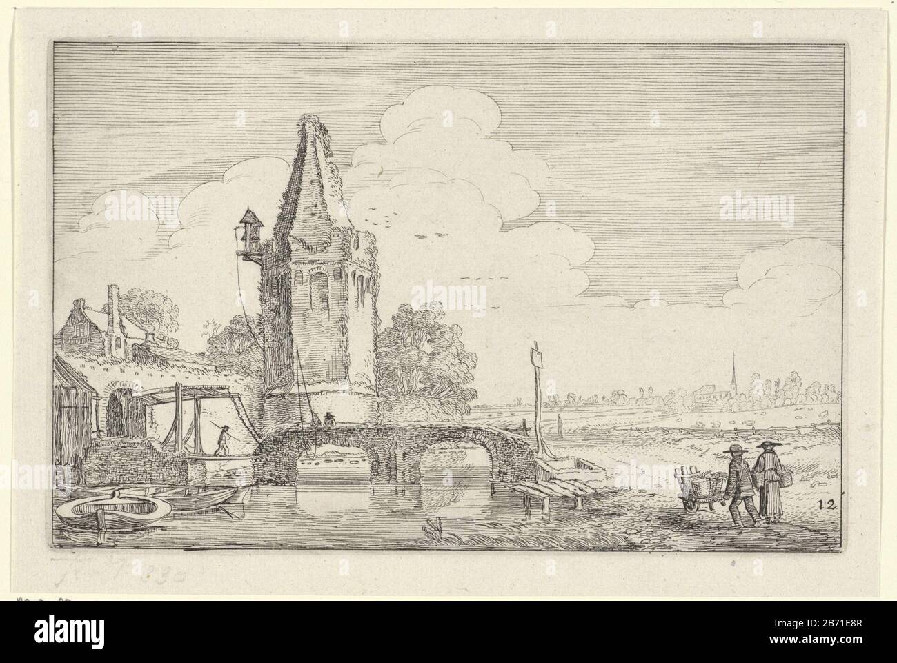 Landschap traf sich mit een toren een Brug über das Rivier de Niers Landschappen (serietitel) Amenissimae aliquot requculae (serietitel) Figuren mit einem Schubkarren auf einem Weg zu einer Brücke und einem Turm in einer Landschaft mit dem Fluss Niers. Links der Eingang eines Dorfes, das von einer Zugbrücke überfahren ist. Zwölftes Bild von Teil fünf einer Serie von insgesamt sechzig Landschaftsabzügen, aufgeteilt in fünf Teile, jeweils zwölf Pränten. Hersteller : Druckerhersteller Jan van de Velde (II) in seinem Entwurf: Jan van de Velde (II) Herstellung: Nordniederland Datum: 1616 Material: Papiertechnik: Ätzmaße: Platte e Stockfoto