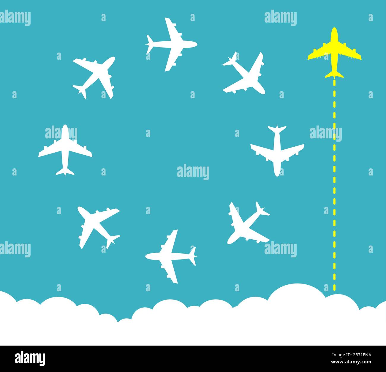 Denken Sie an eine andere Darstellung des Geschäftskonzepts. Hellgelbes Flugzeug ändert die Richtung und weiß. Stock Vektor