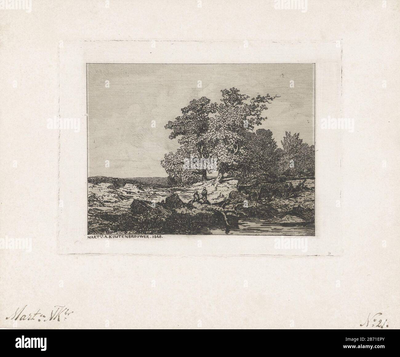 Landschap traf eiken Landschaft mit Eichen und einem Fluss. In der Mitte zwei stehende figuren. Hersteller : Druckmaschine: Martinus Antonio Kuytenbrouwer YR (auf dem Objekt angegeben) Herstellung:. Paris Datum: 1848 Physikalische Merkmale: Radierung mit Plattentonmaterial: Papiertechnik: Radierung / Plattentonabmessungen: H 111 mm × W 147 mmToelichtingIn sind die Sammlung wird zwei verschiedene Zustände dieser Radierung drucken (RP-P-ob-46 985, RP-P-ob-46 986). Betrifft: Flussbäume: Eiche Stockfoto