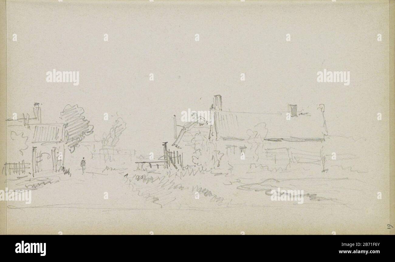 Landschap met gebouwen Landschaft mit Bauobjekttyp: Skizzenblatt Artikelnummer: RP-T 1996-10-61 (R) Beschreibung: Entlang der Straße befinden sich Gebäude. Links eine Abbildung. Parallel zur Straße als mögliches Wasser. In den fernen Bäumen. Blatt 61 aus einem Skizzenbuch mit 69 Klingen in der Nähe von Delft, Rotterdam, Oudewater und Harlingen. Hersteller: Künstler: Adrian Evers Herstellung: Niederlande Datum: CA. 18-1897 Körperliche Merkmale: Bleistift-Material: Papierfach Bleistift-Haus Stockfoto