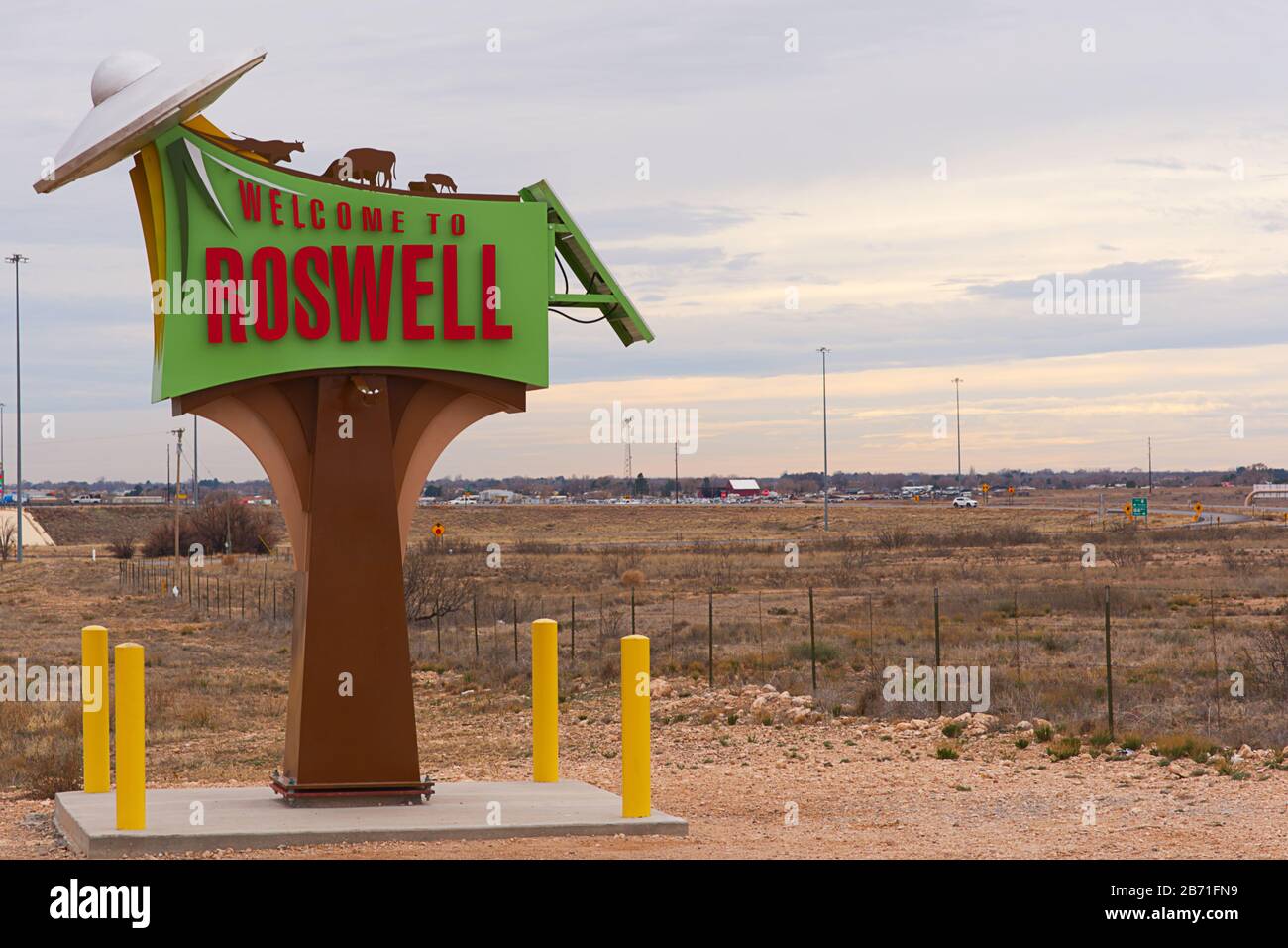Besucherschild außerhalb von Roswell, NM. Stockfoto