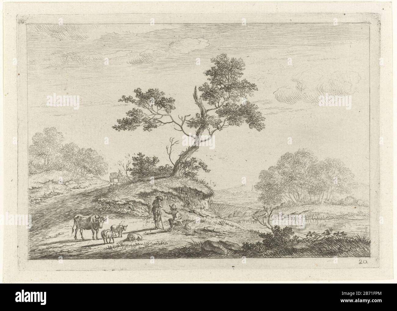 Landschap traf Hirten in gesprekter Landschaft mit drei Schafen, einem Stier und zwei Hirten im Gespräch. Einen Wagen im Hintergrund auf einem Hügel liegen lassen. Rechter Fluss. Unten rechts: 20. Drucken Sie aus einer Reihe von Landschappen. Hersteller : Druckerhersteller, John Janson Place Manufacturing: Leiden Datum: 1761 - 1784 Physikalische Eigenschaften: Ätzmaterial: Papiertechnik: Ätzmaße: Plattenkante: H 103 mm × W 145 mm Betreff: Herding, Herdsmann, Herdsfrau, Hirte, Schäferin, Kuhherde usw. Stockfoto