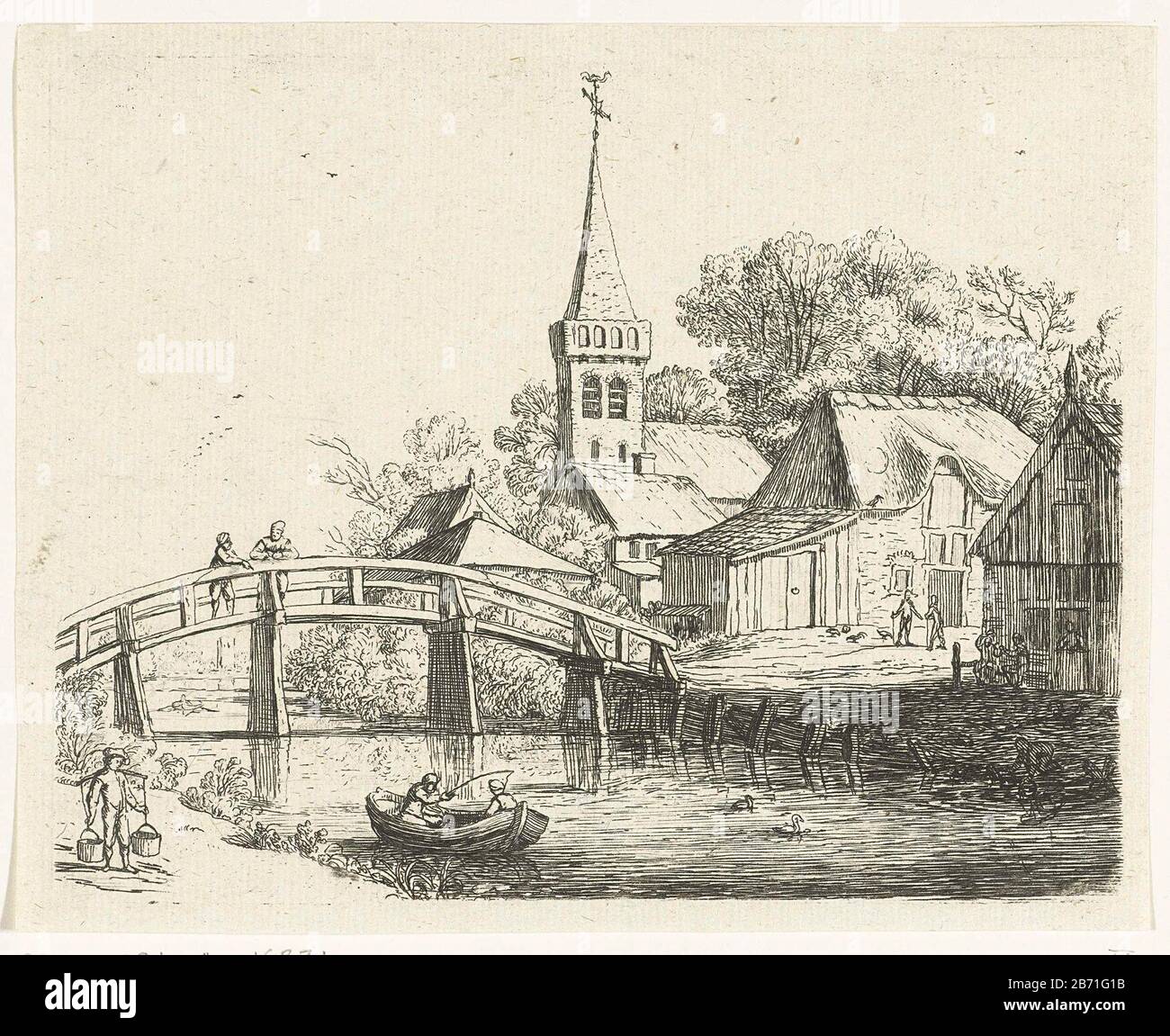 Landschap traf houten Brug Een houten Brug over een vaart bij een dorp. OP de Brug staan twee mensen. In het water ligt een bootje met twee vissers. Langs de oever loopt een man die Twee emmers draigt. Hersteller : Hersteller: Jan van de Cappelle (toegeschreven aan)prentmaker: Jan van Goyen (verworpen toeschrij)naar ontwerp van: Jan van GoyenPlaats Herstellen: Nederland dating: 1640 - 1679 en/1700 - 1800 Physische Kenmerken: ETS Material: Papier Techniek: Etsen Abmessungen: × 175 mm und Gewicht: 137 mm H: Subjekt: 137 mm Brücke im Dorf über Fluss, Kanal usw. Stockfoto
