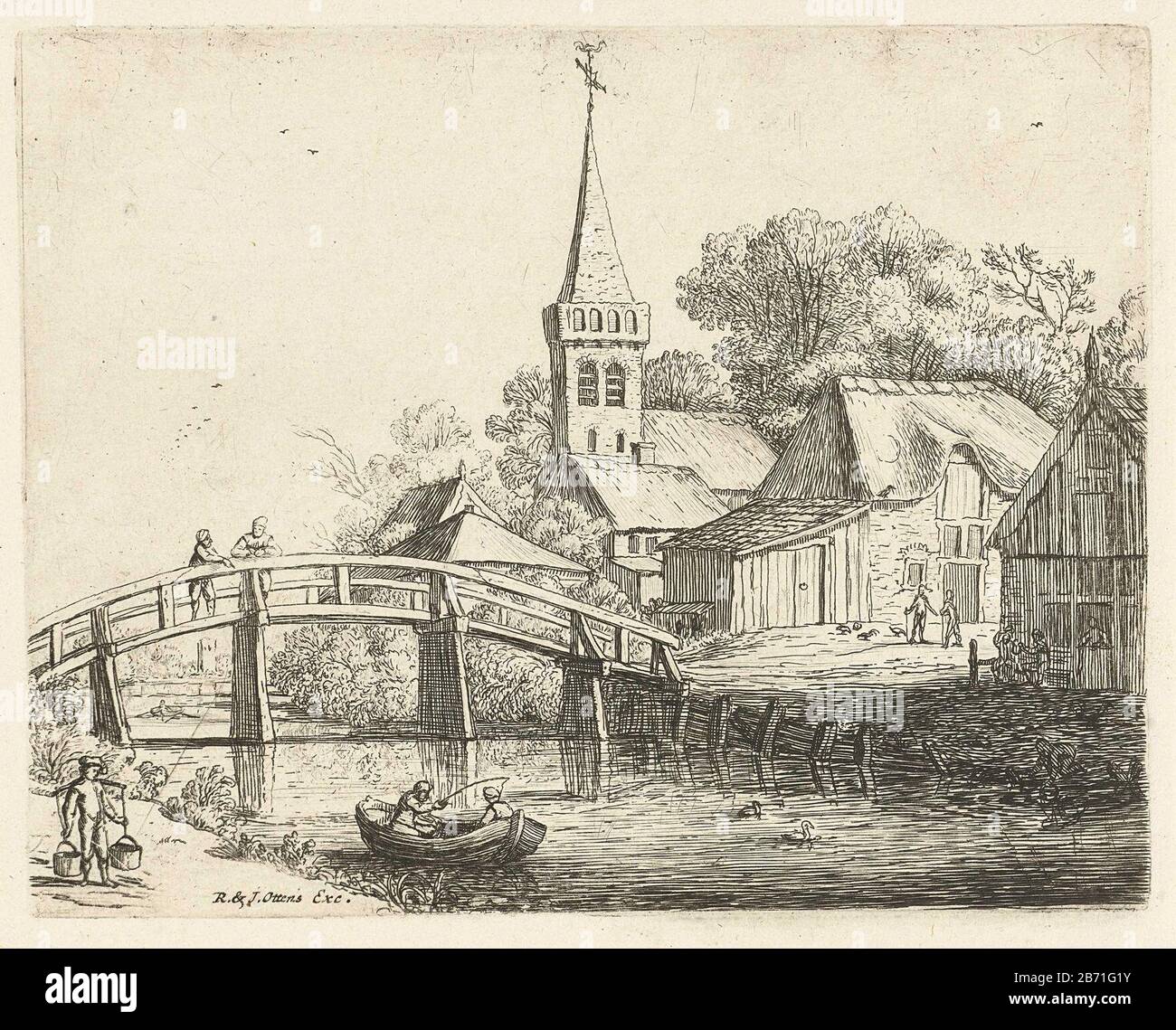 Landschap traf houten Brug Een houten Brug over een vaart bij een dorp. OP de Brug staan twee mensen. In het water ligt een bootje met twee vissers. Langs de oever loopt een man die Twee emmers draigt. Hersteller : Papiermacher: Jan van de Cappelle (toegeschreven aan)prentmaker: Jan van Goyen (verworpen toeschrij)naar ontwerp van: Jan van Goyenuitgever: Reinier Ottens (I) & Jojsua (vermeld Objekt)Plaats Herstellen: Prentmaker: Nederlanduitsen von 1679 und 1640 Papiermaterialien: 1640: 1640: 1640 Abmessungen: 1640: 1640: 1640. H 137 mm × b 173 mm Stockfoto