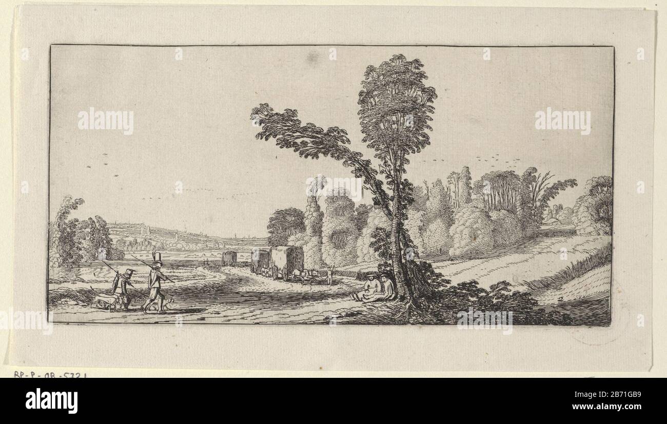 Landschap traf auf Jager en hooiwagens Landschappen, kleinformat (Serietitel) Landschaft mit Jägern mit Hunden und Heuwagen auf einer Landstraße. Zwei ruhende Figuren unter einem Baum. Zweites Bild aus einer Reihe von Zungen. Hersteller : Druckerhersteller Jan van de Velde (II) Ort Herstellung: Nordholland Datum: 1603 - 1641 Physikalische Merkmale: Ätzmaterial: Papiertechnik: Ätzmaße: Plattenkante: H 100 mm × W 200 mm Betreff: Heuwaggon-Rückkehr von der Jagd (Reisender), die in den offenen Bäumen ruht Stockfoto