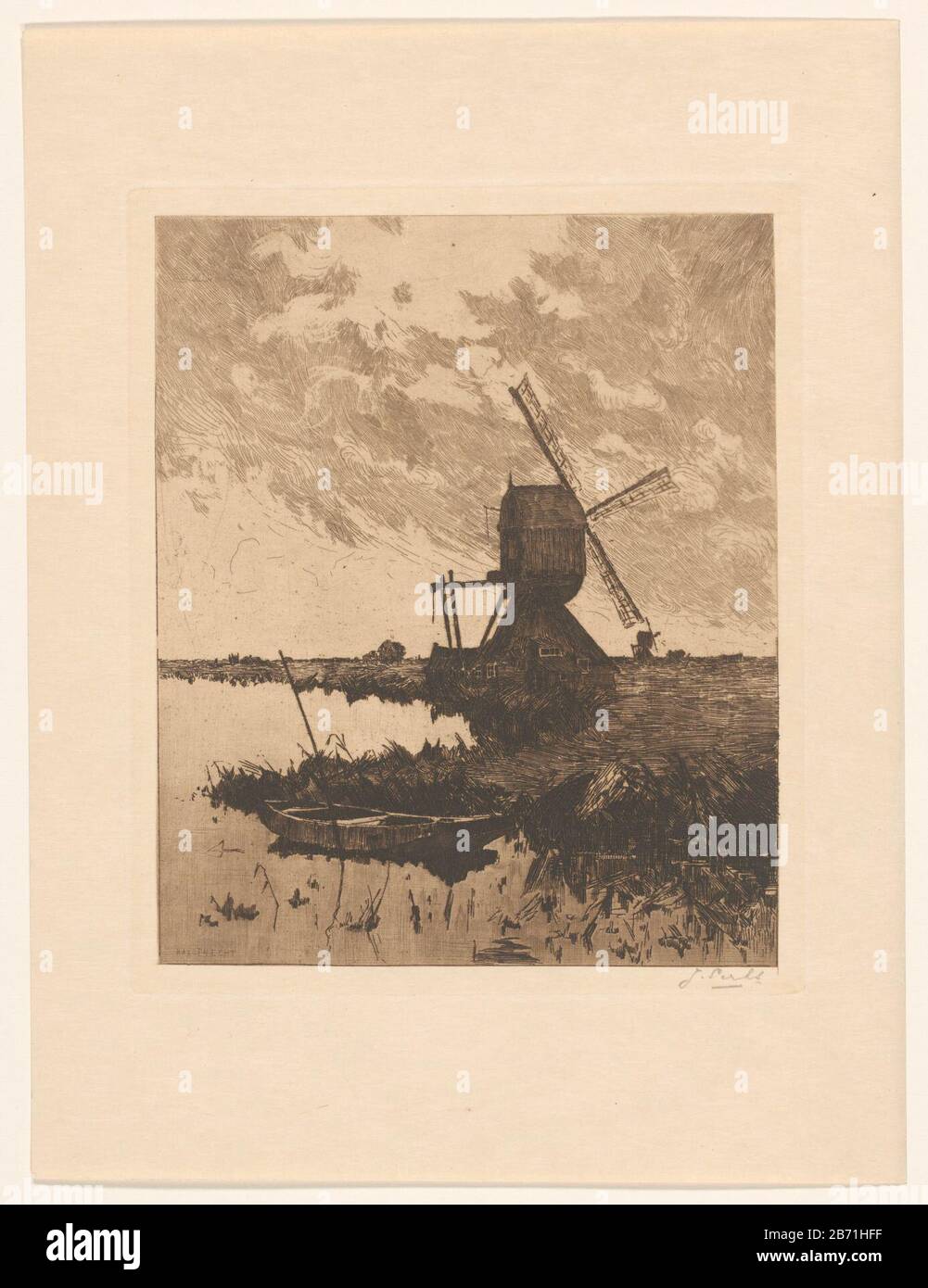 Landschap traf Molens bij Haastrecht Im Vordergrund, ein Boot ist im Wasser. Hersteller : Druckerhersteller Jan Sirks (persönlich unterzeichnet) Datum: 19-1937 Physikalische Merkmale: Ätzung und Plattenton braunes Material: Papiertechnik: Ätzmaße: Plattenkante: H 218 mm × W 178 mm Betreff: Windmühle im Querformat wo: Haastrecht Stockfoto