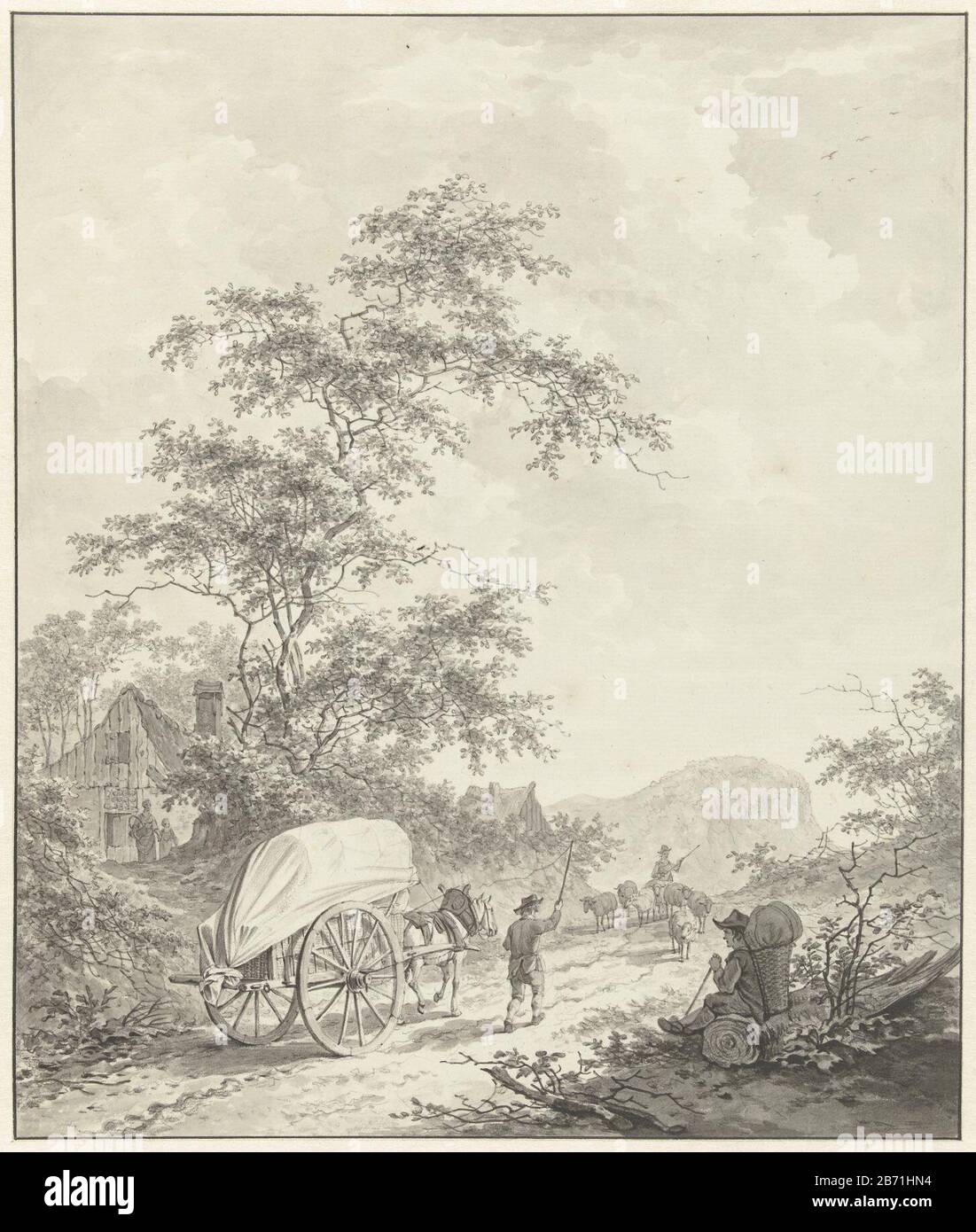Landschap met Paard en wagen Landschaft mit Pferd und Waggon Objektart: Zeichnung Objektnummer: RP-T-FM 117 Hersteller: Künstler Daniel Dupré Dating: 17810 Physikalische Merkmale: Stift und Pinsel in grauem, schwarzem Kreidematerial: Papiertinte Kreidetechnik: Stift / Bürstengröße: H 308 mm × W 260 mm Stockfoto