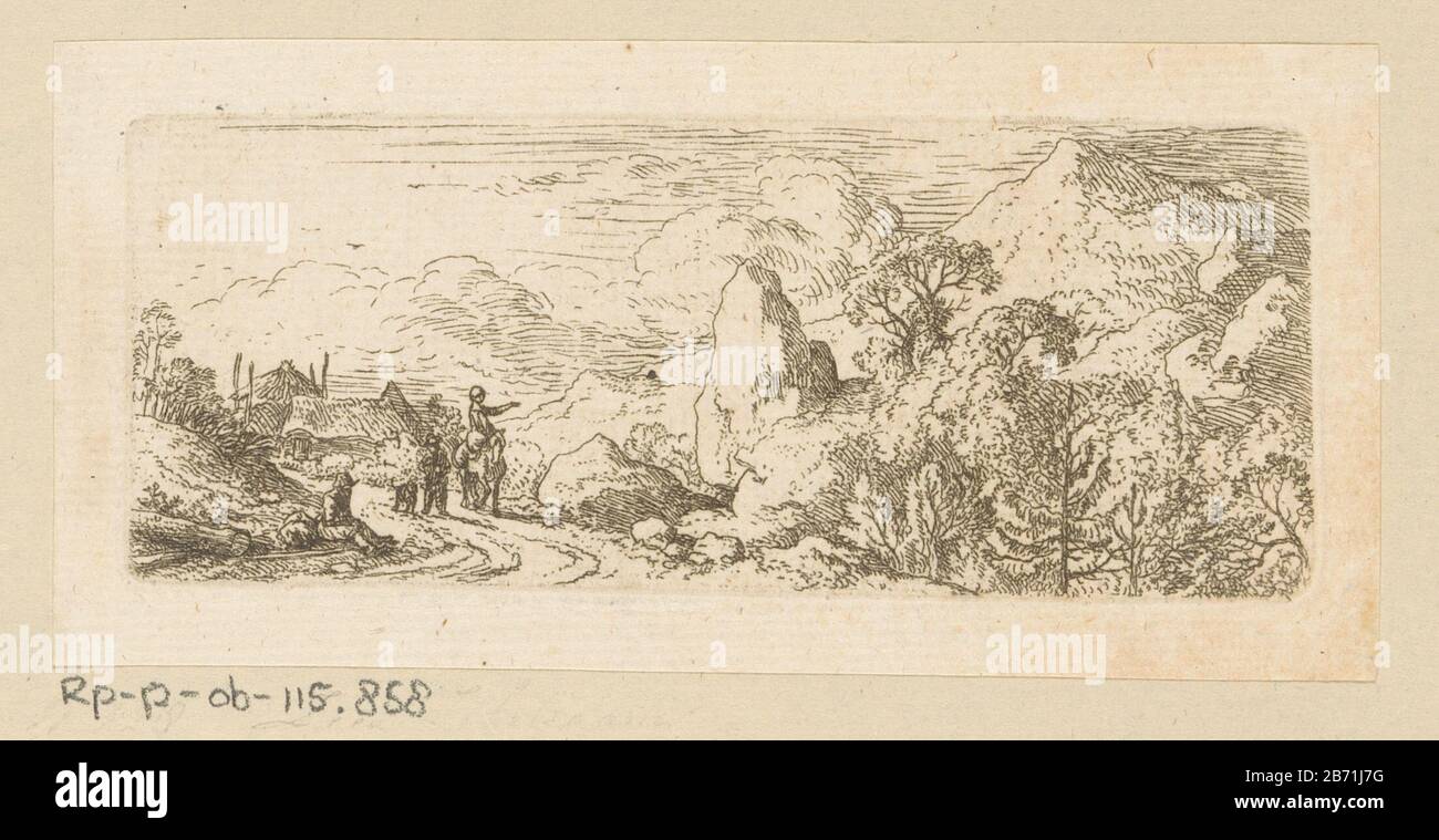 Landschap met rotsblok naast Pad en berg in de verte Landschap met rotsblok naast Pad en berg in de verte Objekt Typ: Prent Objectnummer: RP-P-ob-115.858Catalogusreferentie: Linck 128-1(4) Inscriptions / Merken: Sammlermarke, Verso, gestempeld: Christian Dugelijk Hersteller: Wilhelm Dugelijk 1722 - 174 Material: Papier Techniek: Etsen Abmessungen: Zopfmuster: H 48 mm × b 118 mm Betreff: Berg-Boulder, Steinmetzgezelten en Landschappen trafen Bouwsels van MensenRoad, Pfad Stockfoto