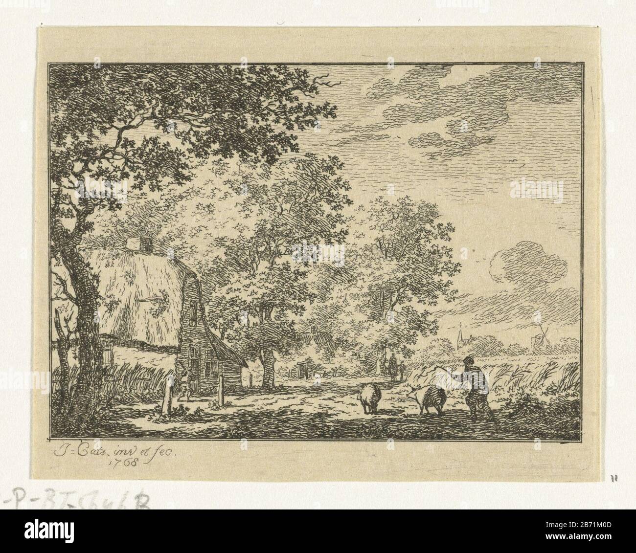 Landschap met varkenshoeder Landschappen (serietitel) Landschaft mit swineherden Landschaften (Serientitel) Objektart: Print Serial: / 6Objectnummer: RP-P-BI 5646BCatalogusreferentie: Würzbach 1b 2 (2) Markierungen / Marken: Sammlermarke, Verso, gestempelt: Lugt 240 Hersteller: 1741-Jacob (1741-911) Herstellung: Cats (Bau) Baujahr: Jacob (1741-17417491) Amsterdam Datum: 17621 Physikalische Merkmale: Radierung auf braunem Papier Material: Papiertechnik: Ätzmaße: Plattenkante : h 68 mm × 88 b mm Betreff: Landschaften Stockfoto