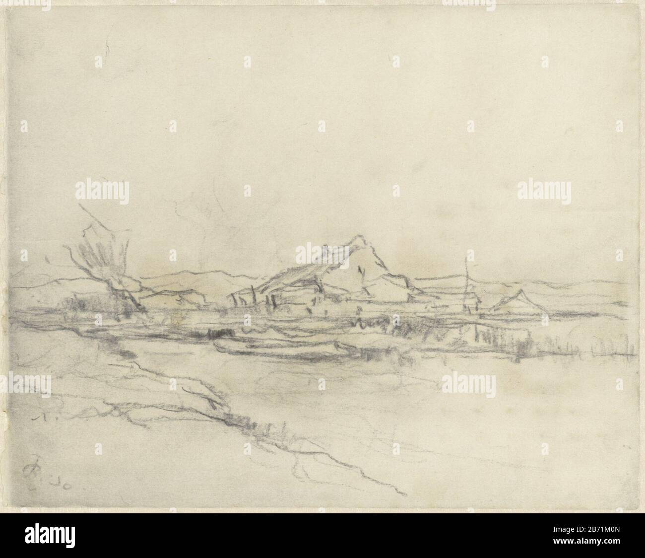 Landschap traf vaart en boerderij Landschaft mit Kanal und Hof im Hintergrund Duinen. Hersteller: Künstler: Pieter H.J.J. RAS-Dating: Von 30-1941 Physische Merkmale: Schwarzes Kreidematerial: Kreidepapier Abmessungen: H 247 mm × W 310 mm Betreff: Bauernhof oder Einzelhaus in Landschaftsdünen (Meer nicht sichtbar); in den Dünen kleiner Kanal, Graben Stockfoto