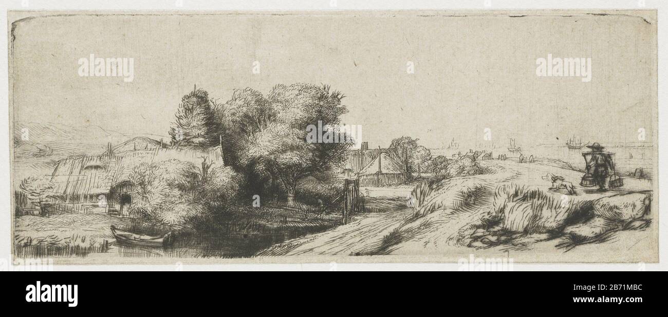 Landschap met visser Het melkboertje Landschaft mit visserHet Milch Bauer Objekttyp: Bild Artikelnummer: RP-P-ob-445Katalogogusreferentie: New Hollstein Dutch 255-3 (3) Bartsch 213-2 (2) Hollstein Dutch 213-2 (2) Markierung / Marken: Sammlermarke, verso unten links,: Loprit braun, in der Mitte: 240ft Druckmaschine Rembrandt van Rijn nach eigenem Entwurf: Rembrandt van Rijn Datum: 1648 - 1652 Physikalische Merkmale: Ätzung und Trockenpunkt Lichtplatte Tonmaterial: Papiertechnik: Radierung / Trockennadel / Plattentonabmessungen: H 65 mm × W 174 mm Stockfoto