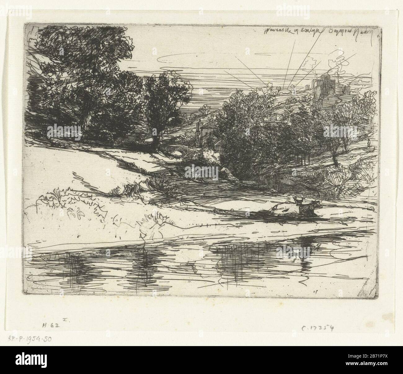 Landschap rond Castell Newydd in Wales Newcastle in Emlyn (titel op object) Hügellandschaft mit dem Fluss Teifi. Am Hang der Burg und des Dorfes Newcastle Emlyn. Hersteller : Druckerhersteller Francis Seymour Haden (Sir) (persönlich unterzeichnet) zu Entwürfen von Francis Seymour Haden (Sir) Ort Herstellung: England Datum: Aug 17, 1864 - 1865 Physikalische Eigenschaften: Ätzung und Trockenpunkt, gedruckt auf dünnem Papiermaterial: Papiertechnik: Radierung / Trockenpunktmessungen: Plattenkante: H 115 mm × W 150 mmToelichtingDeze State wurde in dem Buch von Seymour-Haden, Etudes à l'eau-forte, veröffentlicht Stockfoto