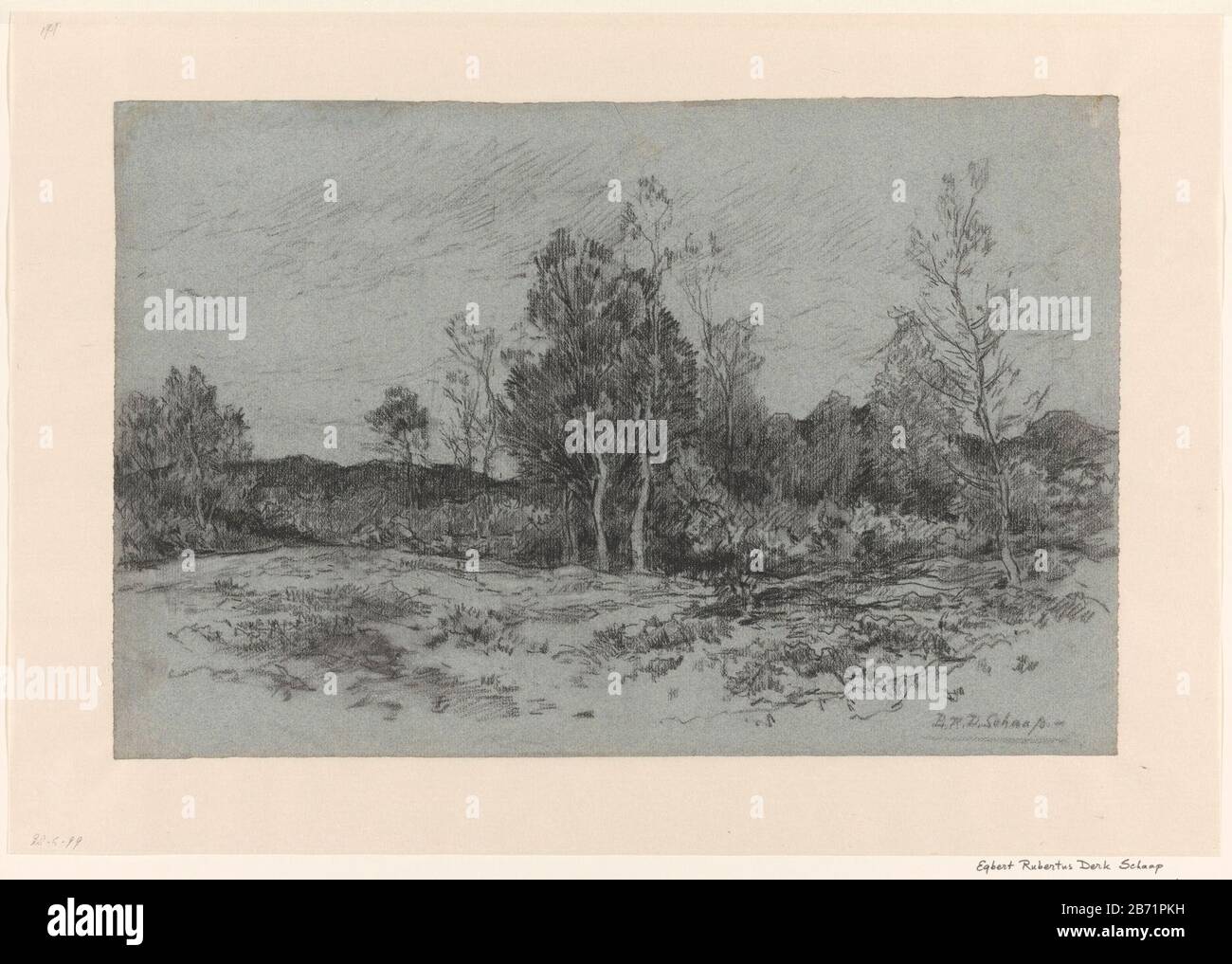 Landschap Querformat Objektart: Zeichnung Objektnummer: RP-T 1939-116 Hersteller: Künstler: Egbert Rubertus Derk Schaap Datum: 1872 - 1939 Physikalische Merkmale: Schwarze Kreide auf blauem Papiermaterial: Papierkreidemaße: H 308 mm × W 472 mm Stockfoto