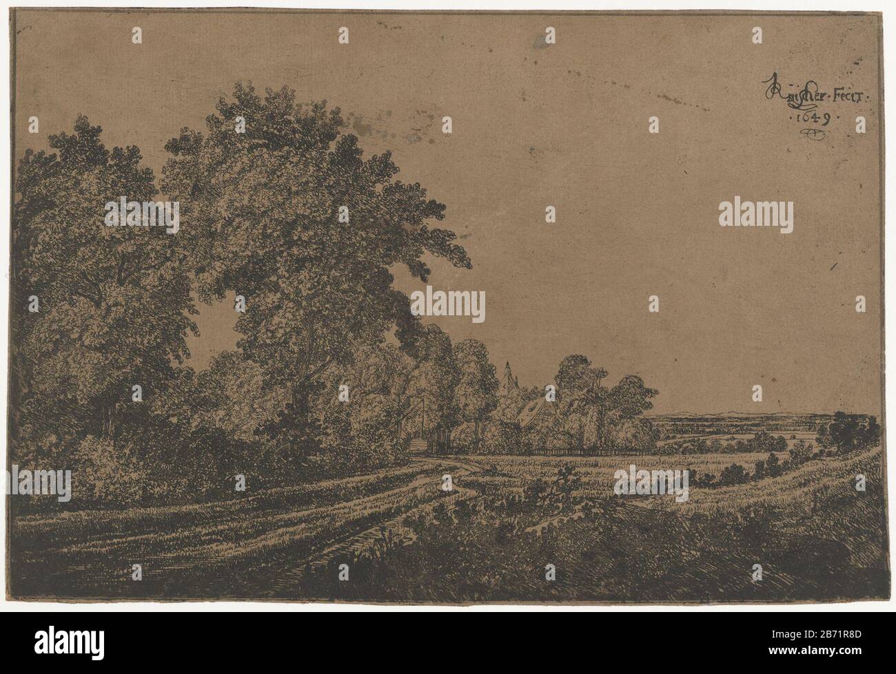 Landweg met Bumen Landstraße mit Bäumen Objekttyp: Bild Artikelnummer: RP-P-1888-A-13718Katalogusreferentie: Hollstein Hollstein Dutch 1-1 (3) Markierungen / Marken: Sammlermarke, umgekehrtes Bodenzentrum, gestempelt: Lugt 2228 Hersteller: Druckerhersteller Jan Ruysscher (denkmalgeschütztes Gebäude) in seiner Gestaltung: Jan Ruysscher Place Herstellung: Niederlande Datum: 1649 Merkmale: Physische Merkmale: Ätzung auf braunem Papiermaterial: Papiertechnik: Ätzmaße: Blatt: H 165 mm × W 247 mm Betreff: Hof- oder Einzelhaus in Landschaftsstraße, Weg Stockfoto