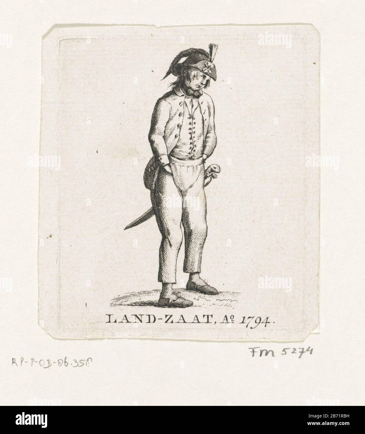 Landzaat, 17993 Land-zaat, Ao 17993 (titel op object) EIN etwas verlegen aussehender Landzaat, Hände in Taschen, im Jahre 17993. Möglicherweise ein Cartoon auf dem Landzaten. Hersteller : Druckhersteller: Anonymer Standort Herstellung: Nordniederland Datum: 1704 Physikalische Eigenschaften: Ätzung und Engra-Material: Papiertechnik: Ätzung/Engra-Messungen (Druckverfahren): Plattenkante: H 92 mm × b 77 mmToelichtingVolgens Muller a Landzaat aus dem Corps wurden am 6. August 1704 gegründet. Waren es freiwillige Soldaten, die aus privaten Mitteln bezahlt wurden, zur Verteidigung des Landes und Oranjehuis. Unterj Stockfoto