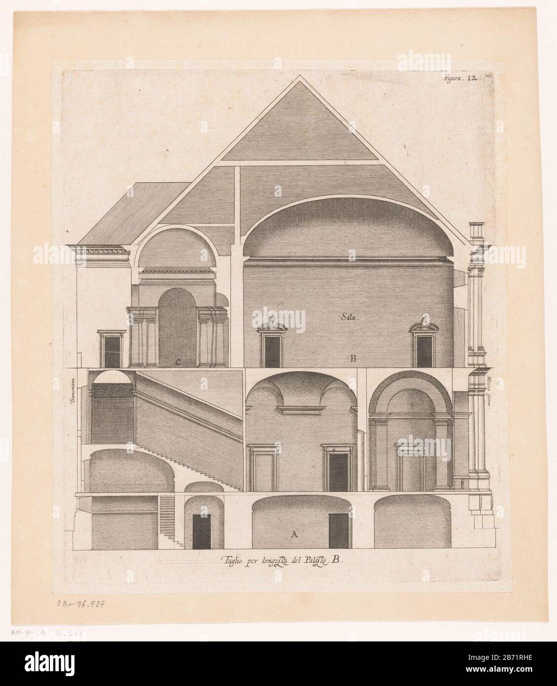 Langsdoorsnede van de Villa Giustiniani-Cambiaso te Genua Taglio per longezza del Palazzo B (titel op object) Palazzi di Genova Palazzi Antichi (serietitel) Mit italienischem Toelichting. Hersteller : Druckmaschine: Nicolaes Ryckmansuitgever: Peter Paul Rubens Anbieter von Privilegien Spanische Krone Ort Herstellung: Antwerpen Datum: 1622 Physische Merkmale: Fahrzeugmaterial: Papiertechnik: Enga (Druckverfahren) Abmessungen: Plattenkante: H 302 mm × W 259 mmToelichtingZie auch RP -P-2014-57. Betrifft:  Abschnitt Architekturdesign oder Modell hôtel, also kleiner Palast in der Stadt - AA - Bürgerarchitektur: Innen Stockfoto