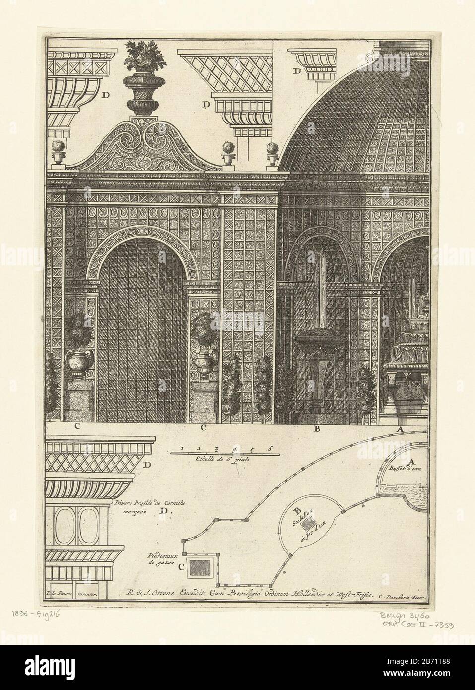 Latwerkpaviljoen traf sich mit Aufständen und Plan mit vier Details des Kronenelements auf das Wasserbuffet Latwerkpaviljoens (Serietitel). Aus sechs Blättern, später Ausgabe der Serie Latwerkpaviljoens von Justus Danckerts. Zweiter Afrduk. Hersteller : Druckereihersteller Cornelis Danckerts (II) (denkmalgeschütztes Gebäude), entworfen von: Pierre Lepautre (denkmalgeschütztes Gebäude) Herausgeber: Reinier Ottens (I) Herausgeber: Reinier Ottens (II) Herausgeber: Josua Ottens (denkmalgeschütztes Objekt) Träger des Privileges: Staaten von Holland und Westfriesland (denkmalgeschütztes Eigentum) Datum: 1726 bis 1750 und/oder 1750-1764 Material: Papiertechnik Stockfoto