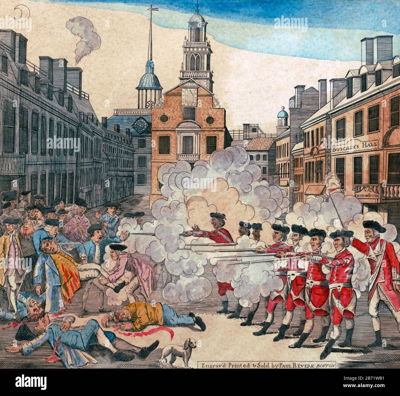 Das Boston Massacre, auch bekannt als der Vorfall in der King Street, war eine Konfrontation am 5. März 1770, bei der britische Soldaten mehrere Menschen erschossen und getötet haben, während sie von einem Mob in Boston belästigt wurden. Abbildung zeigt britische Truppen, die auf eine Gruppe von Bürgern auf einer Straße in Boston, Massachusetts, schießen, wobei das Royal Custom House als "Butcher's Hall" bekannt ist Stockfoto