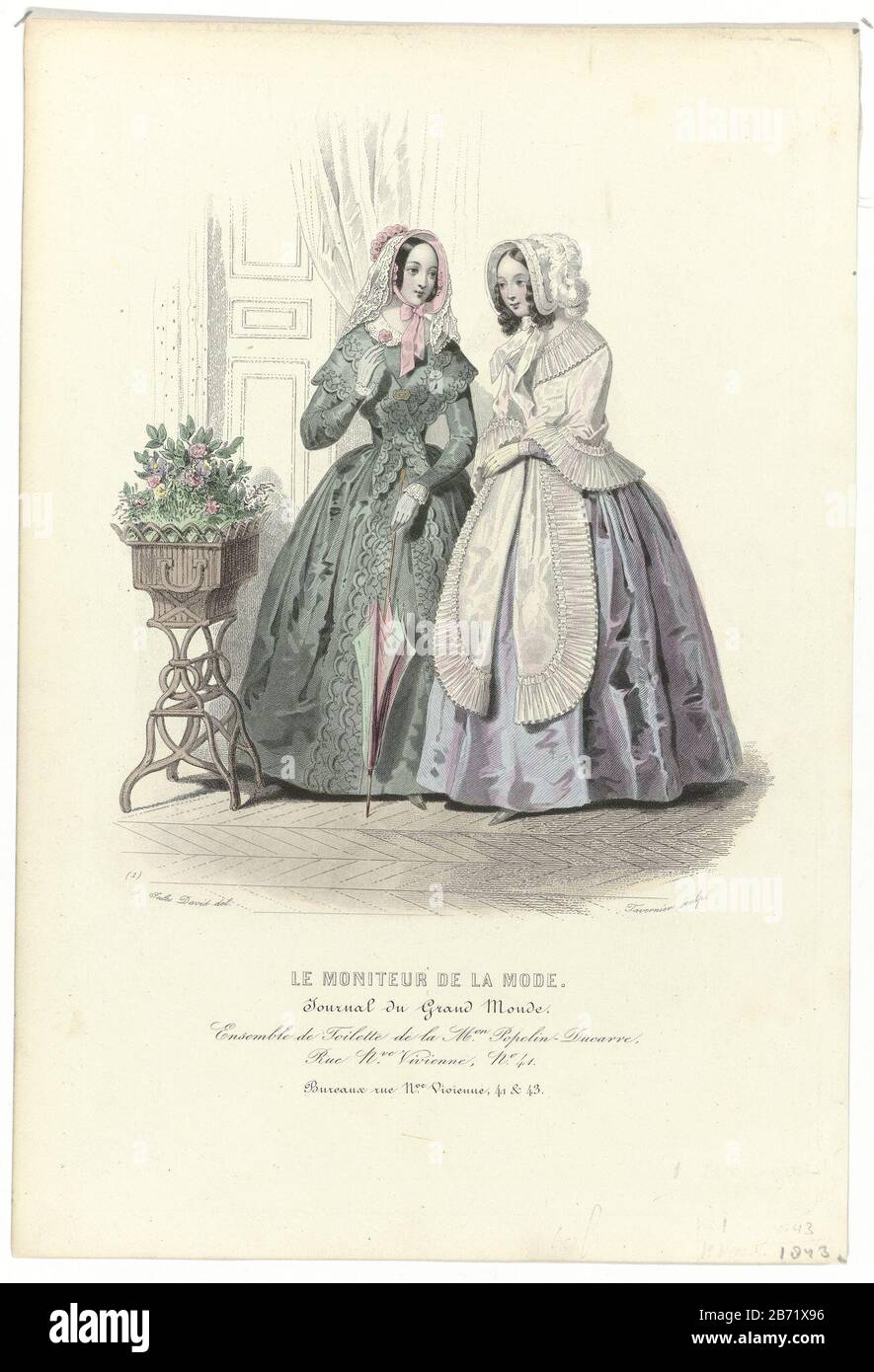 Le Moniteur de la Mode, 1843, Nr. 1 Ensemble de Toilette () Zwei Frauen im  Inneren. Links: Kleid mit durchgehängtem Saum und Loopen-Motiv.  Accessoires: Poke Bonnet mit Blumen und Schleier, Handschuhe, Brosche