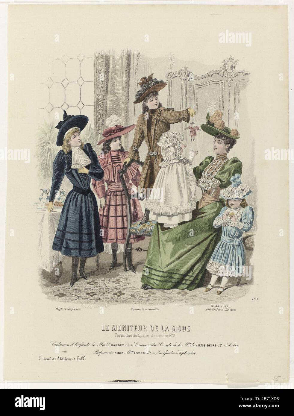 Le Moniteur de la Mode, 1891, Nr. 2744, Nr. 48 Kostüme d'Enfants EINE Frau sitzt mit einem Kind auf ihrem Schoß; ein Mädchen, das auf einem Stuhl daneben steht und eine Marionette hält. Drei weitere Mädchen stehen herum. Laut Bildunterschrift: Kinder von Madame Barbey. Hier sind einige Regeln Textwerbung für verschiedene Produkte. Drucken Sie das Modemagazin Le Moniteur de la Mode (1843-1913) aus. Hersteller : Druckhersteller A. Porter (denkmalgeschütztes Gebäude), entworfen von Jules David (1808-1892) (denkmalgeschütztes Gebäude) Herausgeber: Abel Goubaud (denkmalgeschütztes Objekt) Drucker H. Lefèvre (denkmalgeschütztes Eigentum) Ort Herstellung: Paris Datum: 1891 Stockfoto