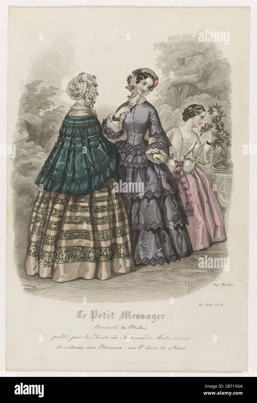 Le Petit Messager, 16 Juin, Journal de Modes, Zwei Frauen und ein Mädchen in einem Garten. Links: Kleiner ärmelloser Mantel mit Rüschen und Rüschen. Voller Rock mit Streifenmotiv. Auf dem Kopf eine Kappe, die mit Blumen und Blättern verziert ist. Mitte: Hochhalsiges Kleid mit Knöpfen in einer Reihe und dreiviertel ausgestellten Ärmeln. Breiter Rock mit falten Stoffstreifen und geschliftem Saum. Rechts: Oberteil mit eckigem Ausschnitt und vollem Rock. Gestrickt kariertes Band an der Taille. Drucken Sie die Modezeitschrift Le Petit Messager (1842-1889) aus. Hersteller: Druckmaschine: Anonym zur Zeichnung: Heloise Leloir-C Stockfoto
