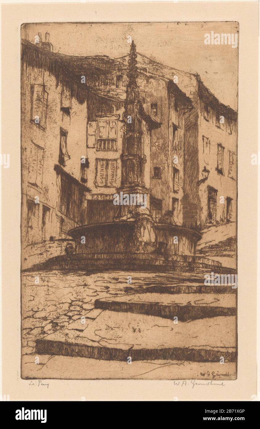 Le Puy (originele titel op object) EIN Brunnen auf einer Straße mit Treppen in Le Puy-en-Velay in der Auvergne. Hersteller: Druckmaschine: Adrianus Willem Ground Wood (persönlich handlich signiert) Datum: 1888-1931 Physikalische Merkmale: Etch- und Plattenton in braunem Material: Papiertechnik: Radierung / Tonplattengröße: Plattenkante: H 240 mm × W 146 mm Betreff: Ziergießstraße; Straße mit Stufen oder Treppen, wo Le Puy-en-Velay Stockfoto