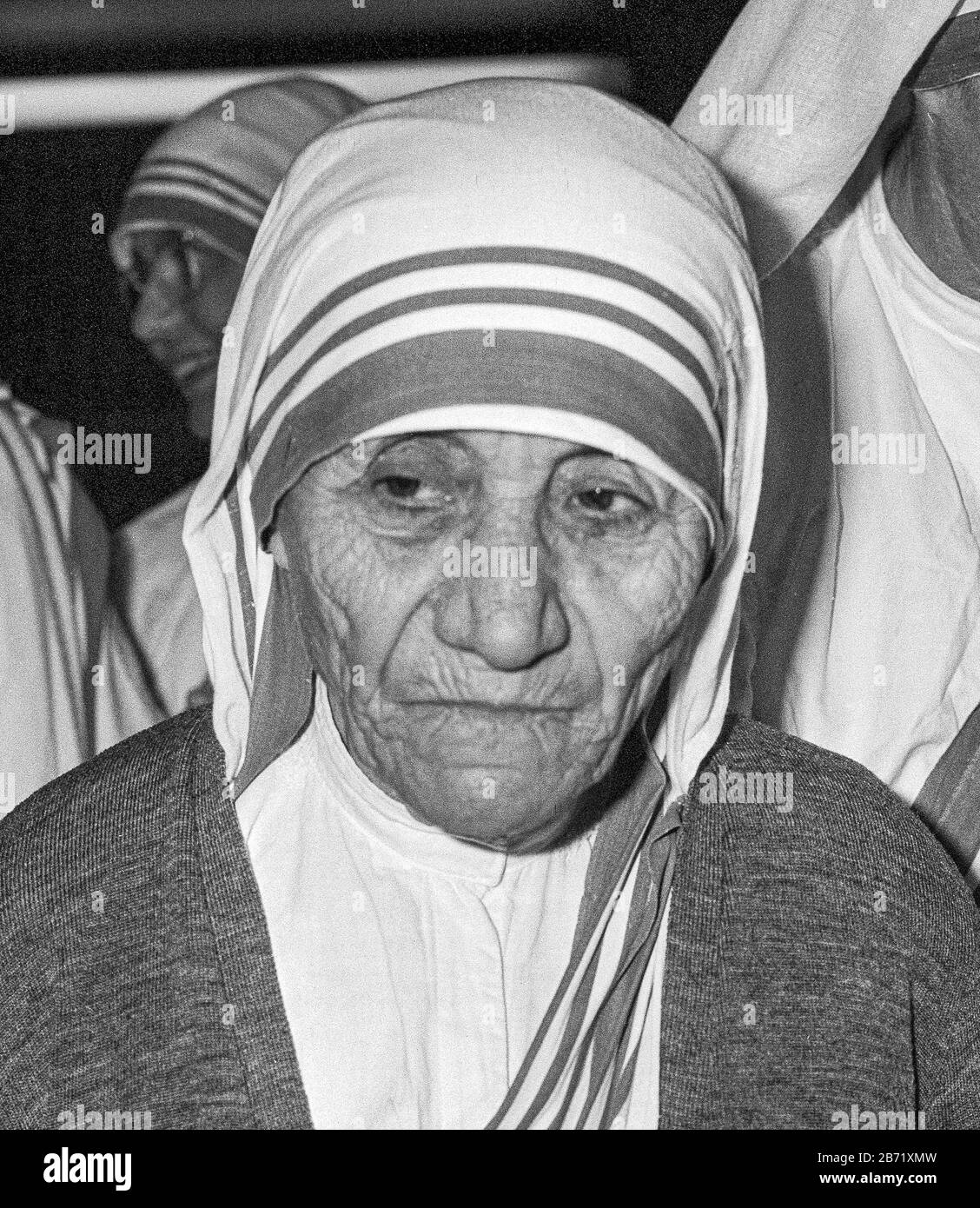 Mutter Teresa kam 1981 am Londoner Flughafen Heathrow an. Stockfoto