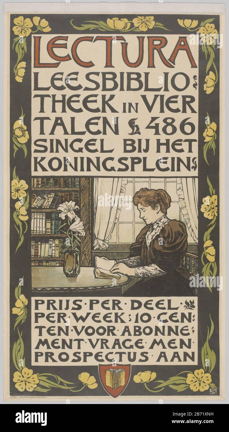 Lectura Leesbibliotheek in vier talen 486 singel bij het Koningsplein (titel op object) Poster Library Lectura, Bibliotheken und Archieven. Hersteller: Designer: Willem Wenckebach Datum: 1900 - 1910 Physikalische Eigenschaften: Lithographie in Farbmaterial: Papiertechnik: Lithographie (Technik) Abmessungen: Blatt: H 1040 mm × W 580 mm Stockfoto
