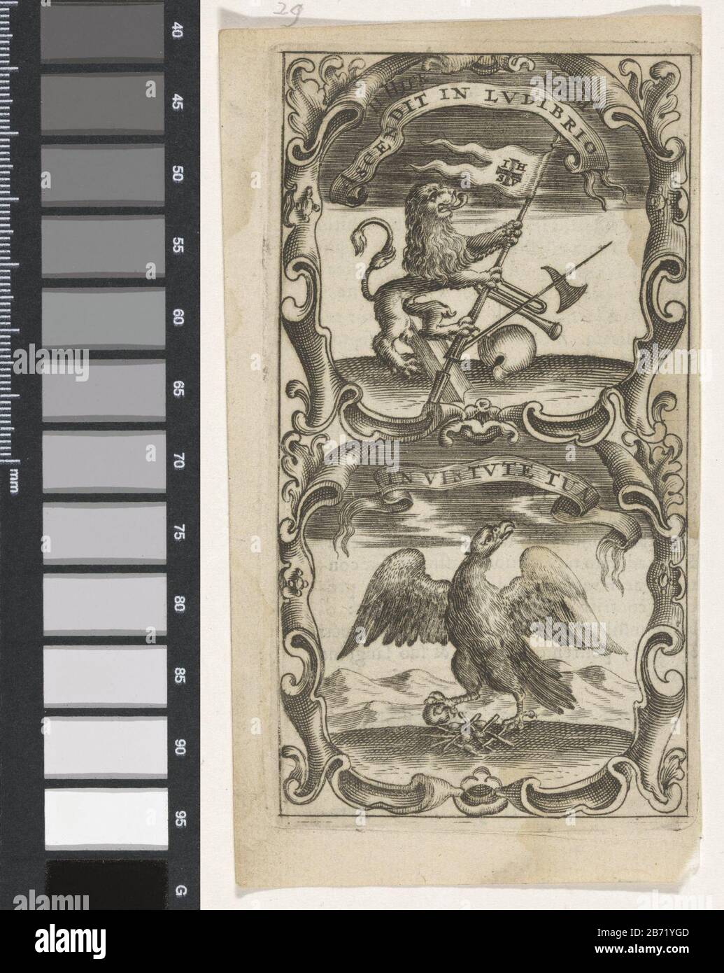 Leeuw traf een vaandel Roofvogel bij zijn nest Ascendit in Ludibrio In Virtue Tua (titel op object) Symbola Divina et Humana Pontificum Imperatorum Regum (serietitel) Een embleem met twee voorstellingen. Boven een leeuw met een lans en vaandel met IHSV (In Hoc Signo Vinces). De leeuw staat op wapentuig. Der Dachvogel hat sich in den Banden getroffen. Hersteller: Pretmaker: Anoniemnaar prent van: Aegidius Sadeler dating: 1666 Physikalische Kenmerken: Tiefdruck; verso traf tekst in boekdrauk Material: Papier Techniek: Graveren (Drukproceé) / boekdrauk Abmessungen: Plaatrand: H 121 mm × b 66 MMT Stockfoto