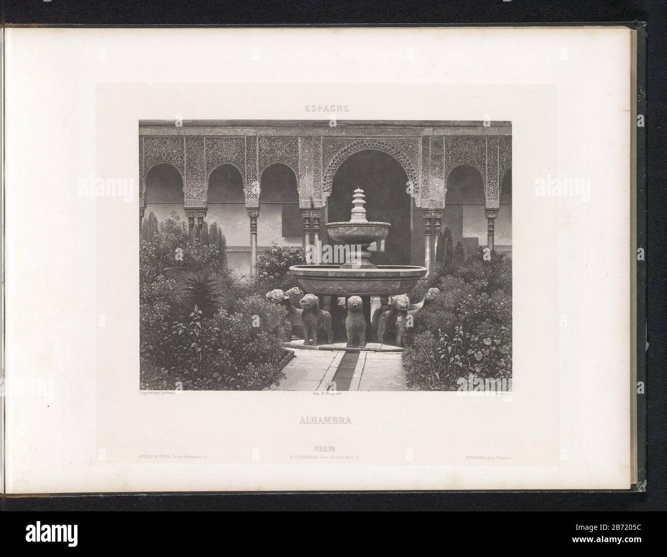 Leeuwenhof in het Alhambra te Granada Alhambra (titel op object) Espagne (serietitel) The Lions at the Alhambra in Granada Alhambra (title object) Espagne (serietitel) Property Type: Print page Item Number: RP-F 2001-7-1540-11 Inscriptions / Brands: Inscription, recto, Printed: 'Rittner Goupil & Bouschmarft to 15, Montmartre 'NP Lerebours Place du Pont Neuf 15'opschrift, recto, gedruckt: 'HR. Bossance Quai Voltaire 11' Hersteller : Druckerhersteller: Friedrich Salathé (denkmalgeschütztes Eigentum) zum Zeichnen: Anonym auf Bildern von Noël Marie Paymal Lerebours (denkmalgeschütztes Gebäude) Drucker: Bo Stockfoto