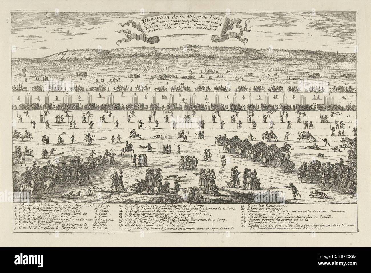 Legeroroming van het garnizoen van Parijs, 1660 Disposition de la Milice de Paris (titel op object) eine militärische Formation zu Ehren von Ludwig XVI. Am 23. August 1660. An der Spitze einer Schriftrolle mit dem französischen Titel. Unter der Show die Legende 1-26 in Frans. Hersteller : Druckerhersteller Albert Flame Ort Herstellung: Paris Datum: Nach 23-Aug-1660 - 1662 Physikalische Merkmale: Ätzmaterial: Papiertechnik: Ätzmaße: Plattenkante: H 289 mm × W 447 mm Betreff: Militärparade, Pageant (+ Ränge, Division oder Streitkräfte) Stockfoto