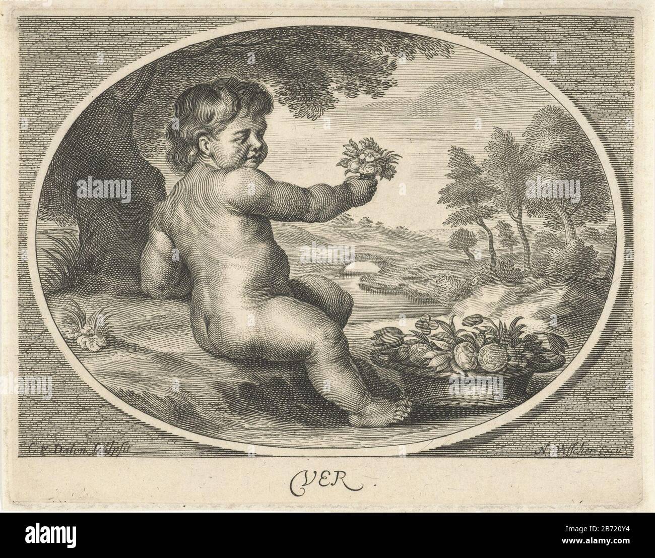 Lente in gedaante van Kind traf sich mit Bläsern in Landschap in Ovaal Ver (titel op object) vier jaargetijden (serietitel) Frühling im Gewand des Kindes mit Blumenkorb in Landscape ovaalVer (title object) Vier Jahreszeiten (Series title) Immobilientyp: Picture Item Number: RP-P-BI 6742e: Referogogenie: Hollstein Dutch 18 Aufschriften / Marken: Sammlermarke, Verso, gestempelt: Lugt 240 Hersteller: Druckmaschine Cornelis van Dalen (II) (denkmalgeschütztes Gebäude) Herausgeber: Nicolaes Visscher (I) (denkmalgeschütztes Gebäude) Ort Herstellung: Amsterdam Datum: 1648 - 1664 Physische Merkmale: Fahrzeugmaterial: Papier Stockfoto