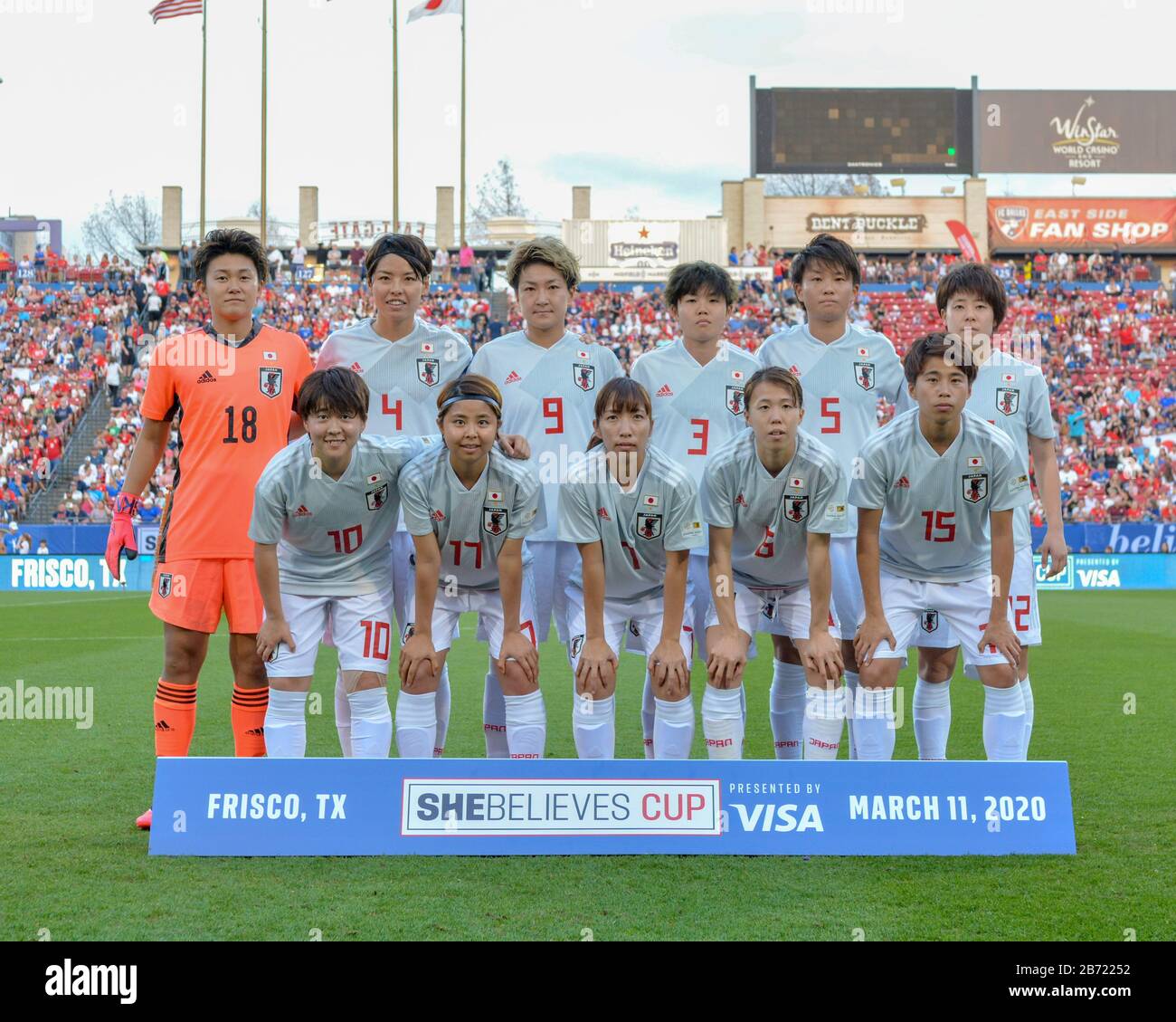 Frisco, TX, USA. März 2020. Die japanische Nationalmannschaft posiert vor dem SheBelieves Cup Spiel zwischen den USA und Japan im Toyota Stadium in Frisco, TX. Kevin Langley/CSM/Alamy Live News Stockfoto