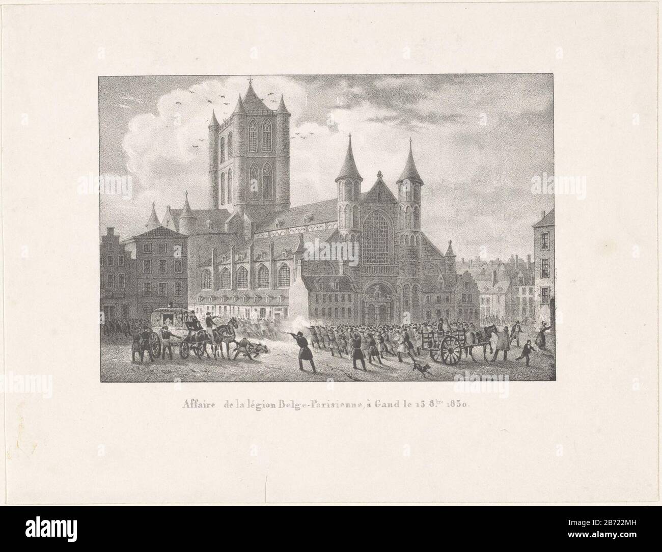 Scharmützel mit der "Legion belge parisienne" für die St. Nikolauskirche in Gent, 15. Oktober 1830. Teil einer Aufzeichnung über die Ereignisse während der belgischen Revolution in Brüssel, Antwerpen und anderen Städten in der Zeit vom 25. August 1830 bis 27. März 1831. Hersteller: Druckmaschine: Anonymer Drucker: Anonymer Ort Herstellung: Brüssel Datum: 1830 - 1831 Physische Merkmale: Lithographisches Material: Papiertechnik: Lithographie (Technik) Abmessungen: Blatt: H 226 mm × W 294 mmToelichtingDoor Muller der Serie "Evénemens Brussels" zugeordnet, gehört aber eigentlich zu einer anderen Serie. Betrifft: Straßenfi Stockfoto