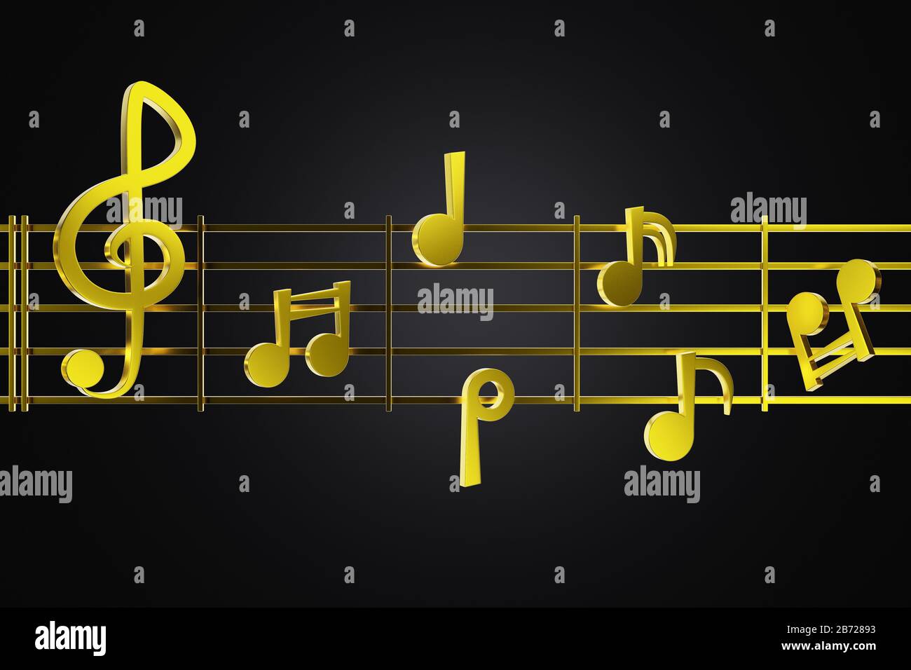 Goldene 3D-Musiknotiz in schwarzer Hintergrundfarbe auf der Musikzeile. Konzept der Musikwerte ​​and Wichtigkeit. Stockfoto