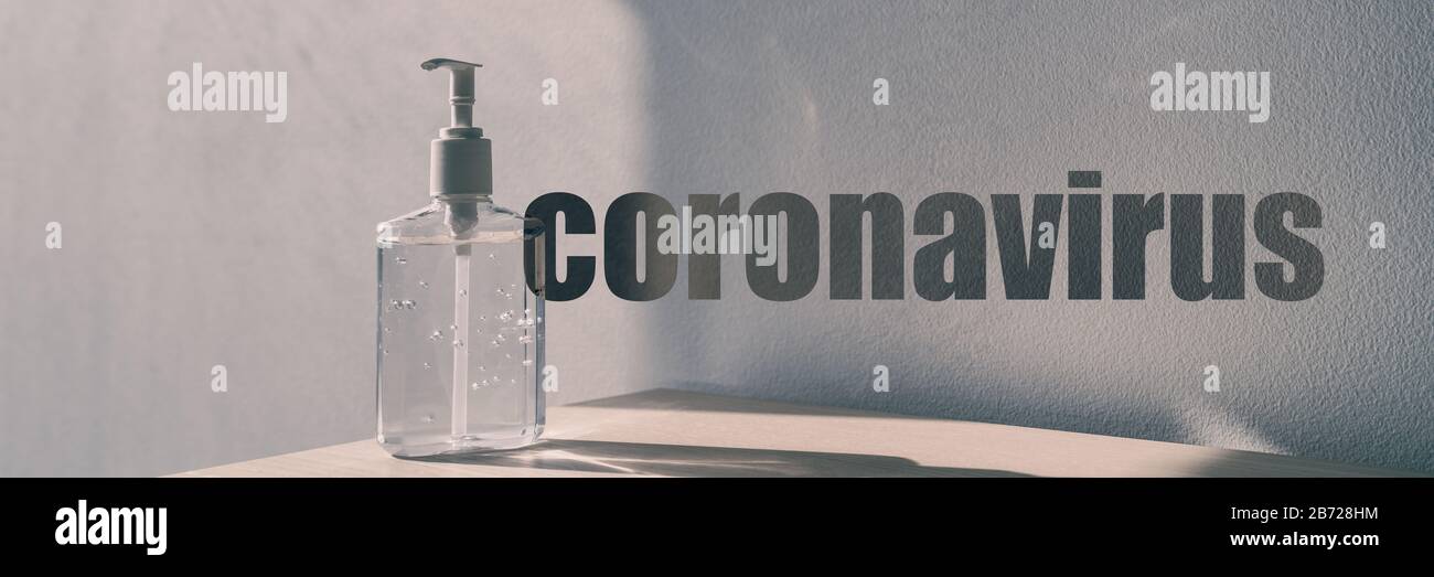 Coronavirus Texttitel auf Banner Panorama-Header-Hintergrund mit Handdesinfektions-Alkohol-Gel-Reibung zur Reinigung der Hände - Corona-Virus-Prävention. Stockfoto