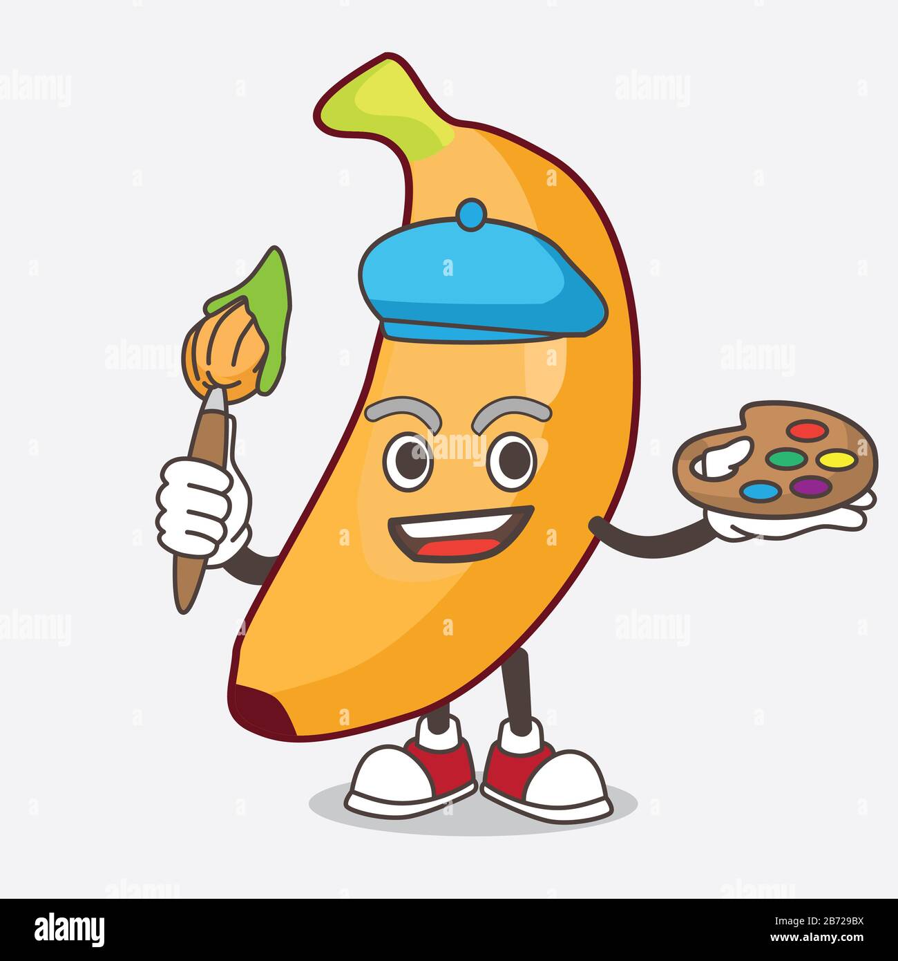 Eine Illustration von Banana Fruit Cartoon Maskottchen Figurenmaler-Stil mit Kunstbürste Stockfoto