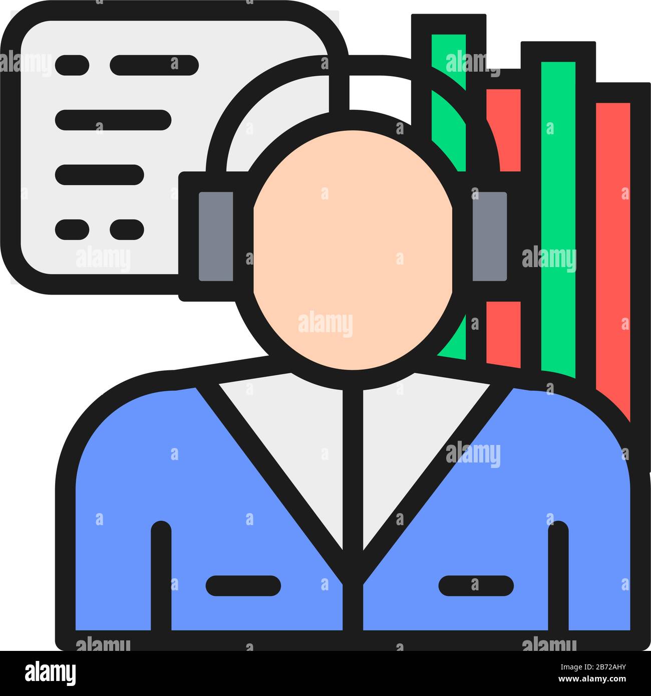 Händler, Börse, Mann mit flachem Linien-Symbol für Kopfhörer. Stock Vektor