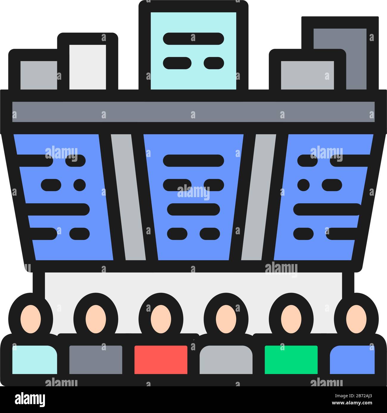Die Leute sehen die Börsenkurse auf einem Flachfarben-Liniensymbol auf der Anzeigetafel an. Stock Vektor