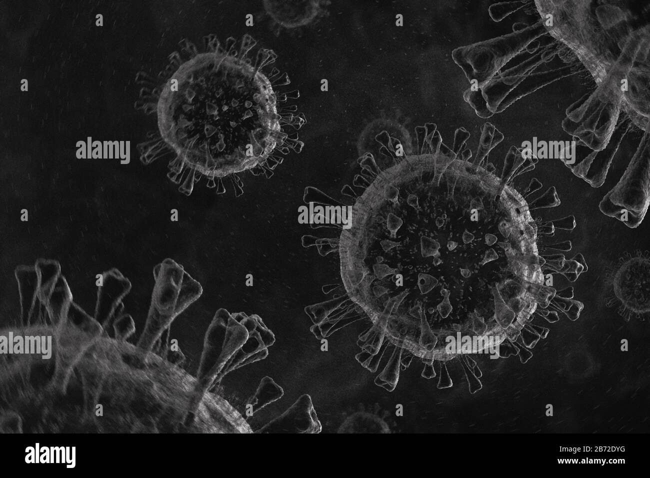 Schwarz-weiß 3D-Darstellung von Viren, Coronavirus und Bakterien Nahaufnahme. Stilisierter Mikroskoplook. Stockfoto